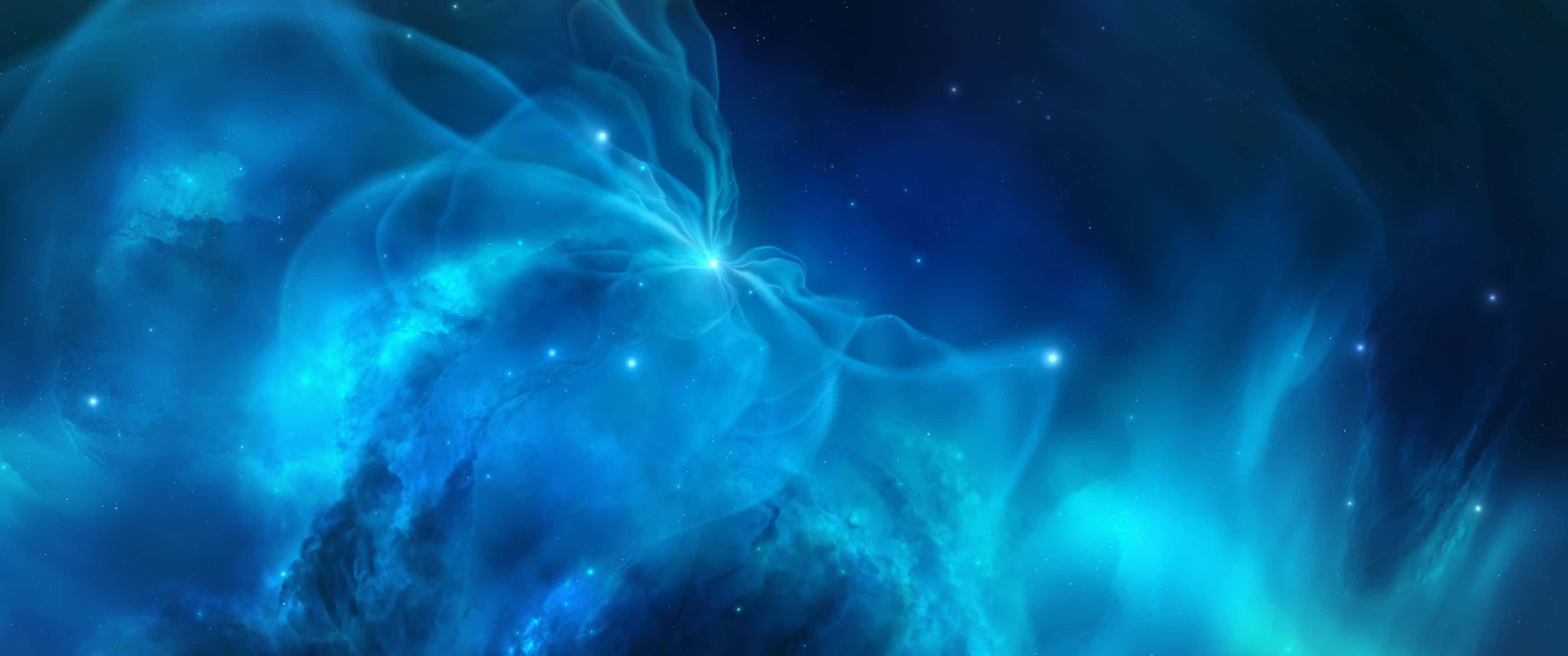 發現藍色宇宙背景的美麗 壁紙 — 一個明亮的藍色星雲在深邃的宇宙虛空中旋轉，散發著發光的氣體和散落的星星。