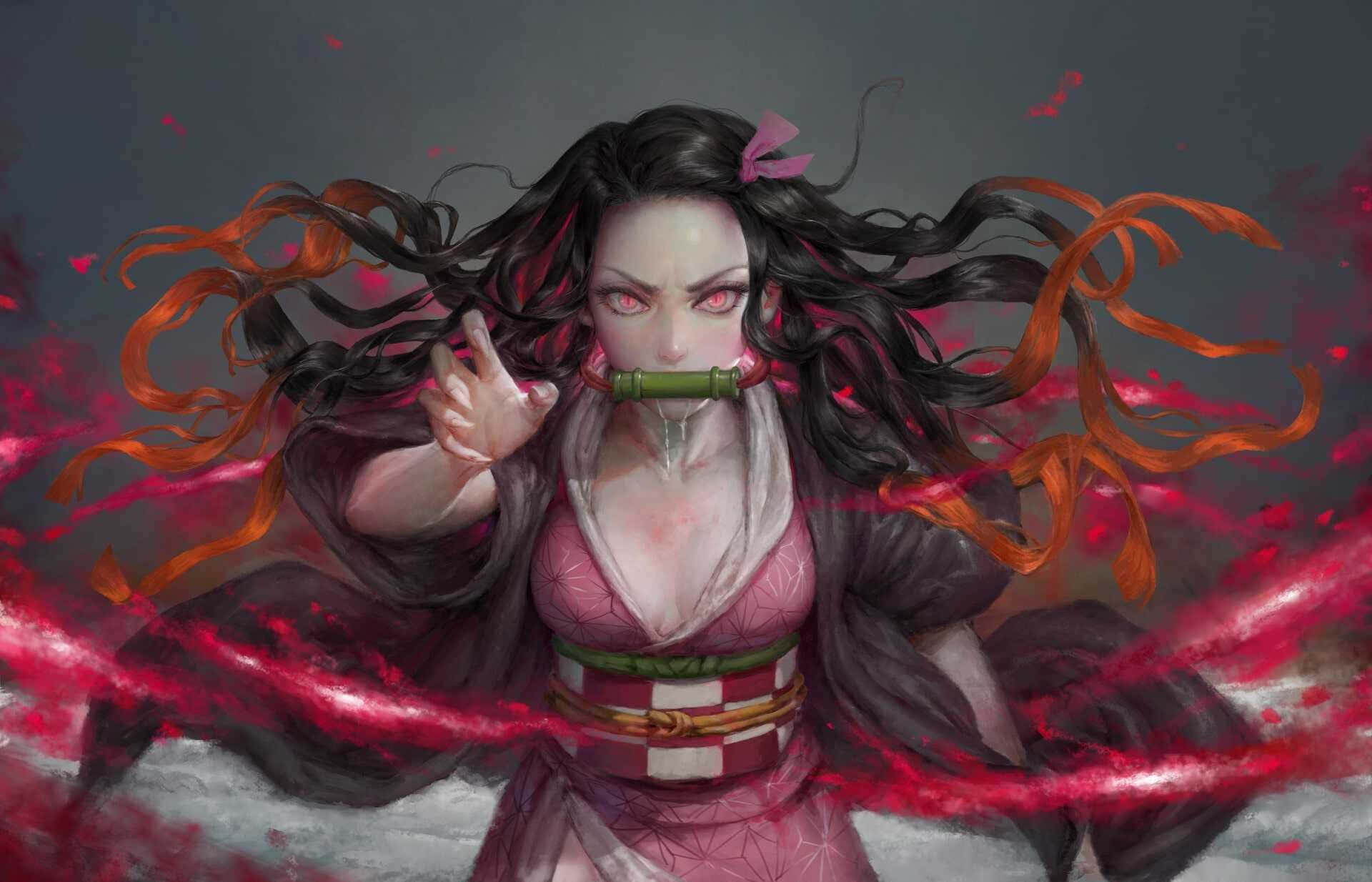 發現酷禰子的隱藏力量！ 壁紙 — 一位兇猛的動漫惡魔獵人，擁有發光的紅色眼睛和飄逸的深色頭髮，在旋轉的紅色能量中揮舞著竹劍。