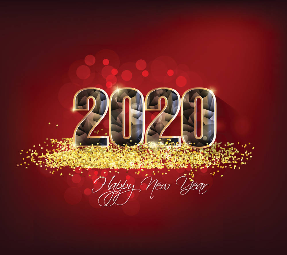 紅色背景上的金色閃粉Happy New Year 2020