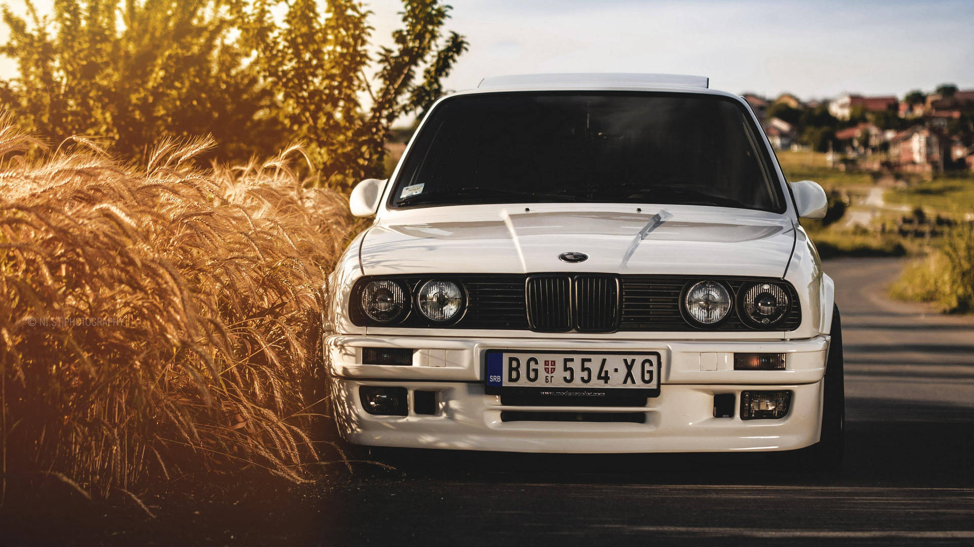 日落時分金色麥田旁停放的白色BMW E30。