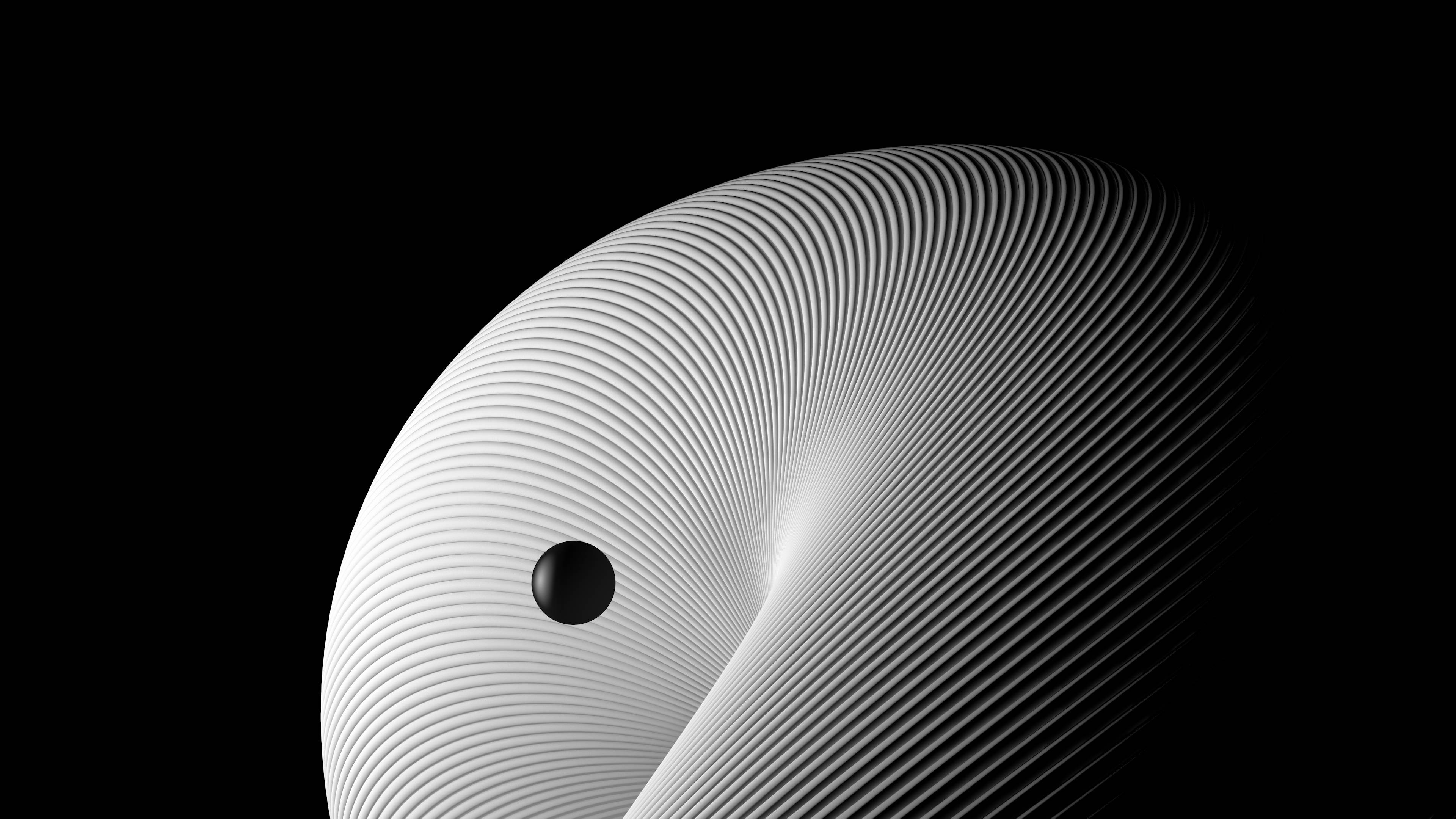白圈黑眼3D桌面 壁紙 — 一件極簡抽象雕塑，帶有同心圓凹槽和一個黑色圓點，襯以純黑背景。