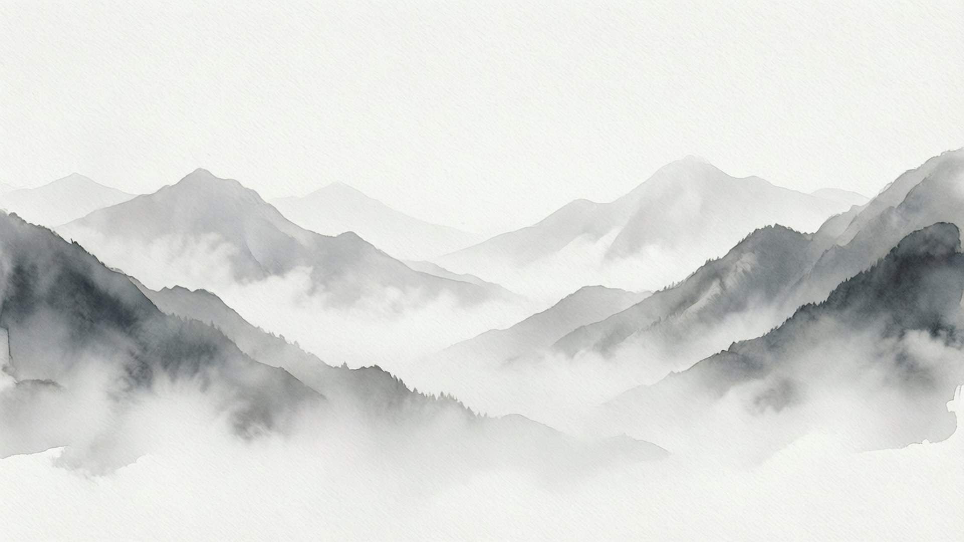 以單色水彩風格呈現，部分被霧氣遮蓋的層疊山峰