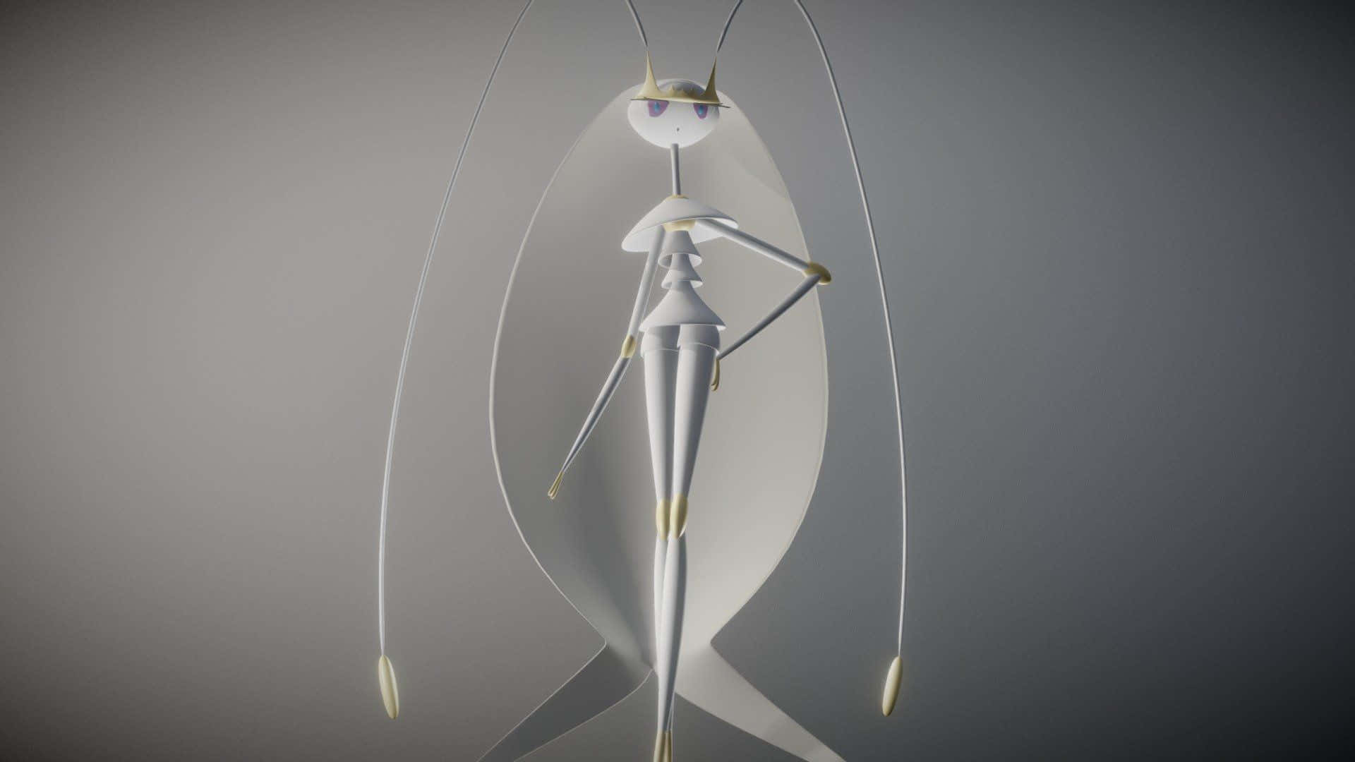 白底 3D 模型的寶可夢 Pheromosa 壁紙 — 一個時尚的白色和金色風格化昆蟲形狀人物，帶有長觸角，站在柔和的灰色背景前。