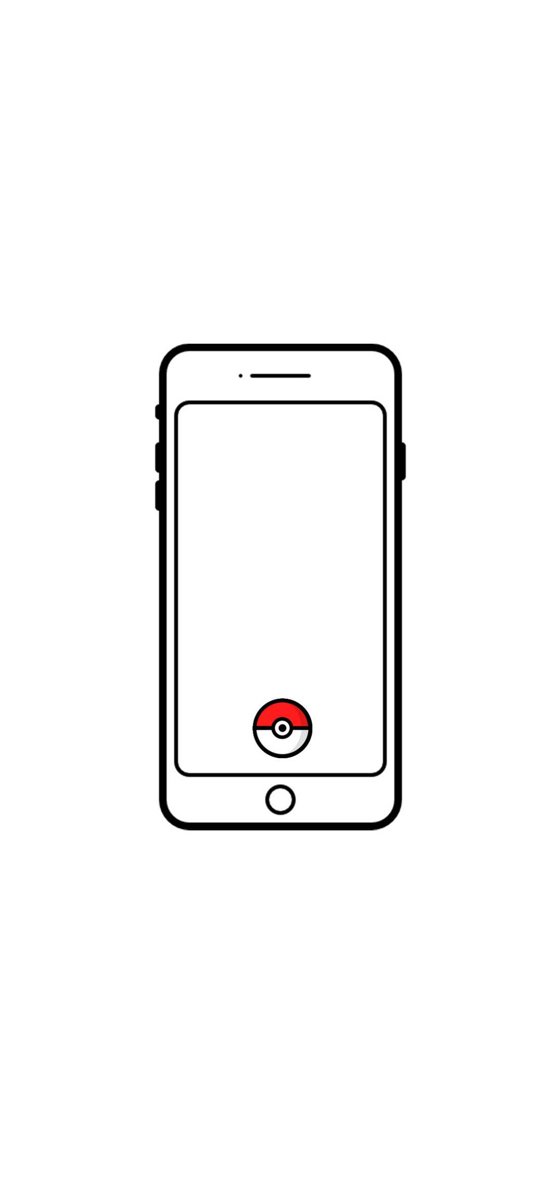 白底iPhone Poké Ball 壁紙 — 一部智能手機的極簡線條畫，屏幕中央顯示一個精靈球圖標。