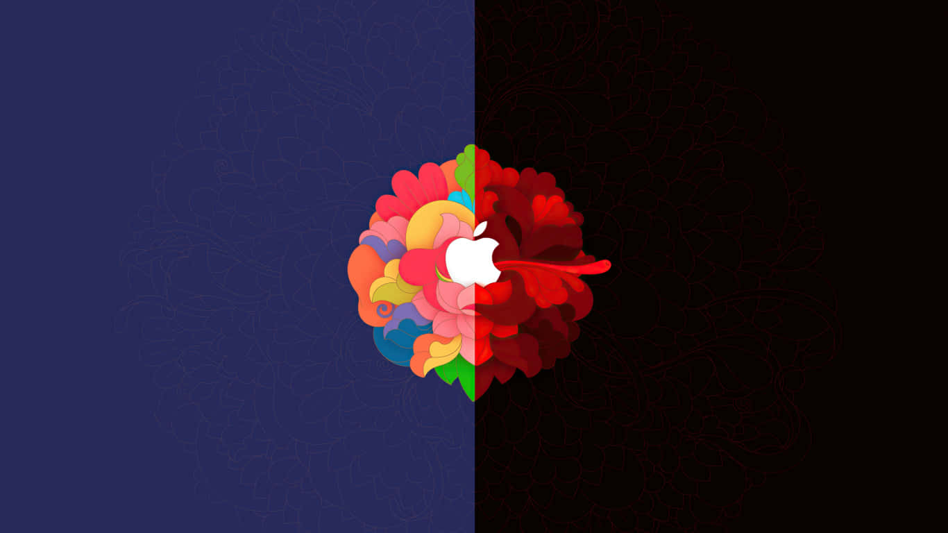 白底新鮮綠蘋果 壁紙 — 一個充滿活力的Apple標誌從色彩繽紛的花卉爆發中浮現，背景是深藍色和黑色分割，帶有細膩的曼陀羅圖案。