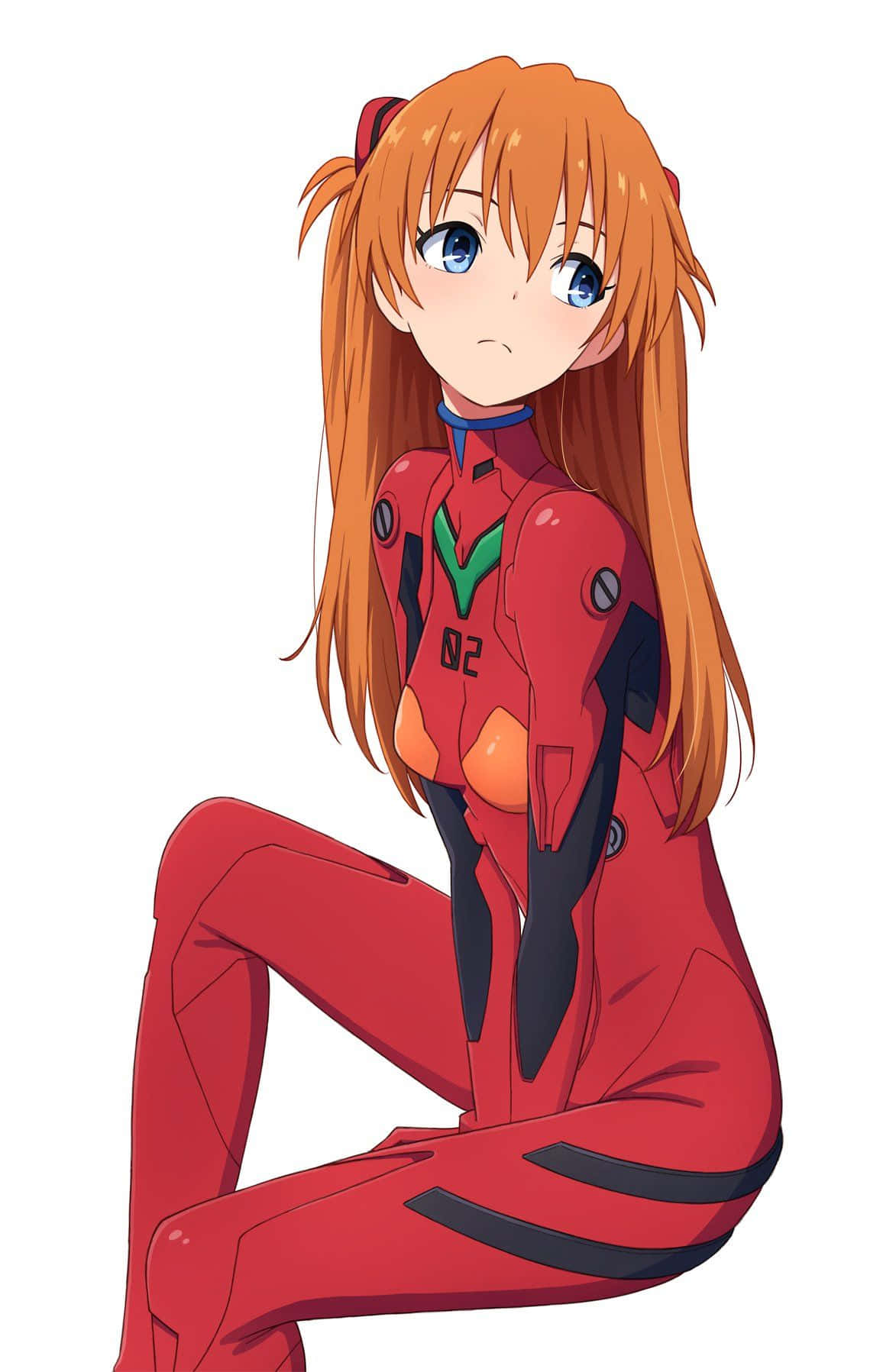 Asuka Langley Soryu 桌布 壁紙 — 白底背景前，一位橙色頭髮藍眼睛的動漫女孩穿著紅色插頭服坐著。