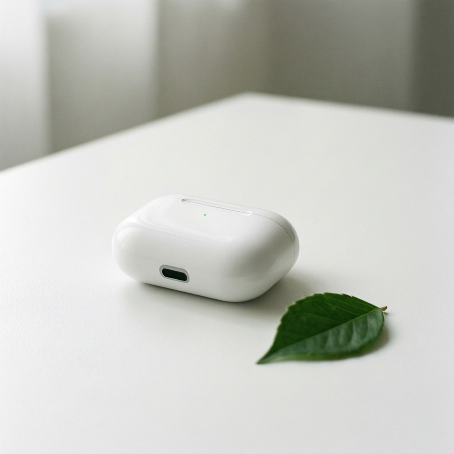 白底葉形AirPod 壁紙 — 一個時尚的白色無線耳機充電盒放在簡約白色表面上，旁邊有一片充滿活力的綠葉。