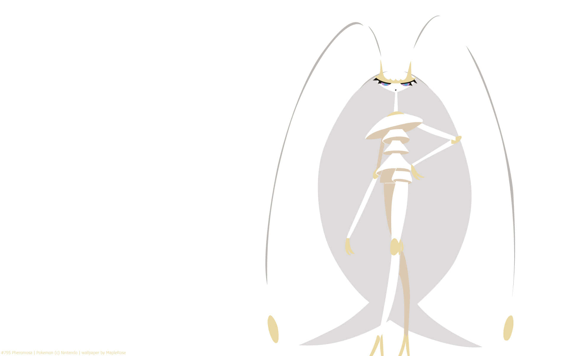 白底高畫質 Pheromosa 寶可夢插畫 壁紙 — 一隻極簡白色和金色的插圖風格寶可夢，擁有巨大的翅膀和纖細的身體，站在純色背景前。
