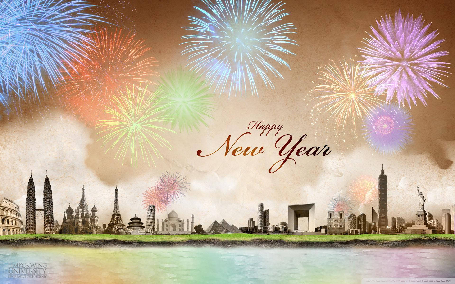 全球地標在復古天空下以五彩繽紛的煙火慶祝新年。