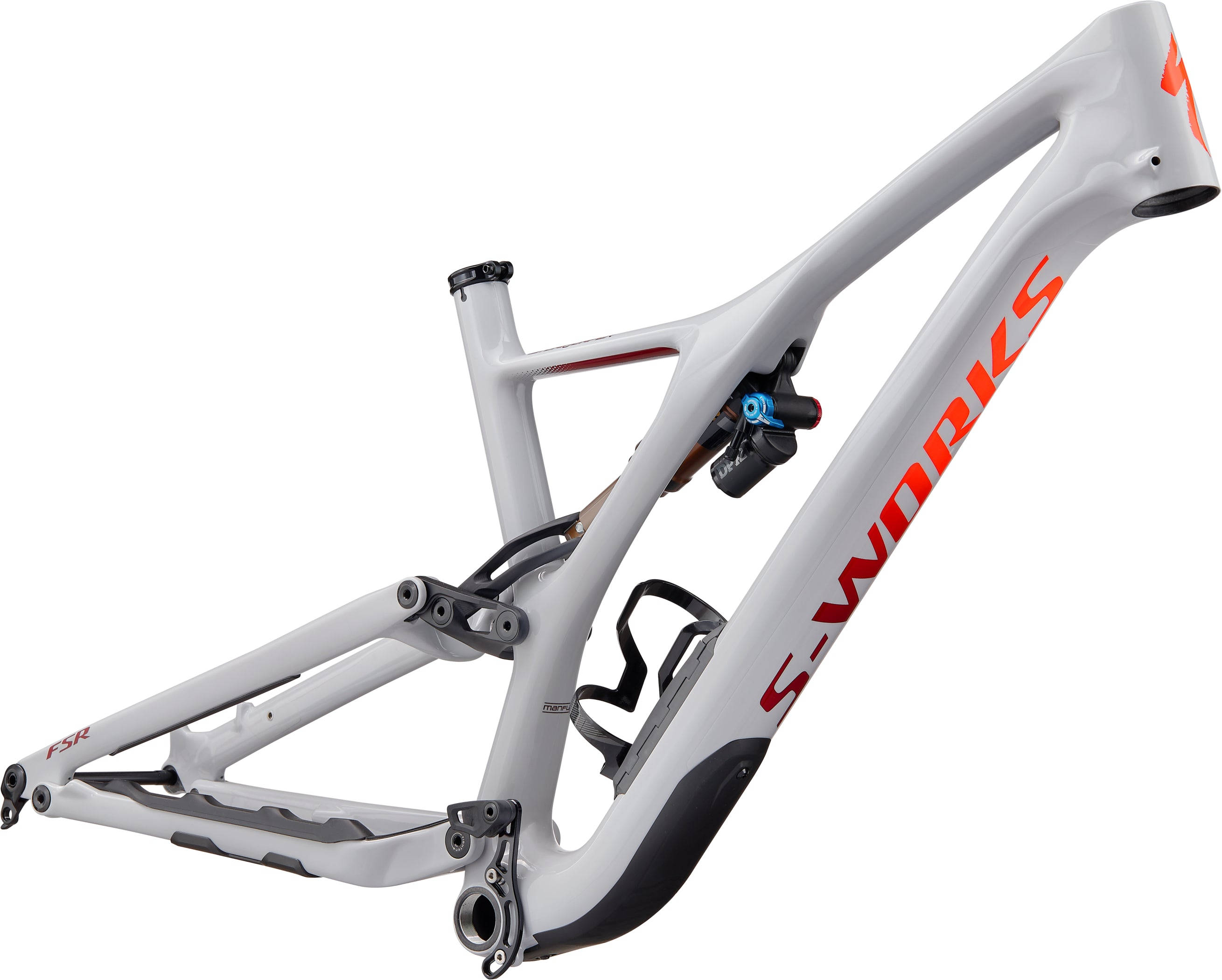 白橙配色專屬車架 壁紙 — 一個時尚的白色Specialized S-Works山地車車架，帶有橙色品牌標識和黑色點綴，展示在乾淨的白色背景上。