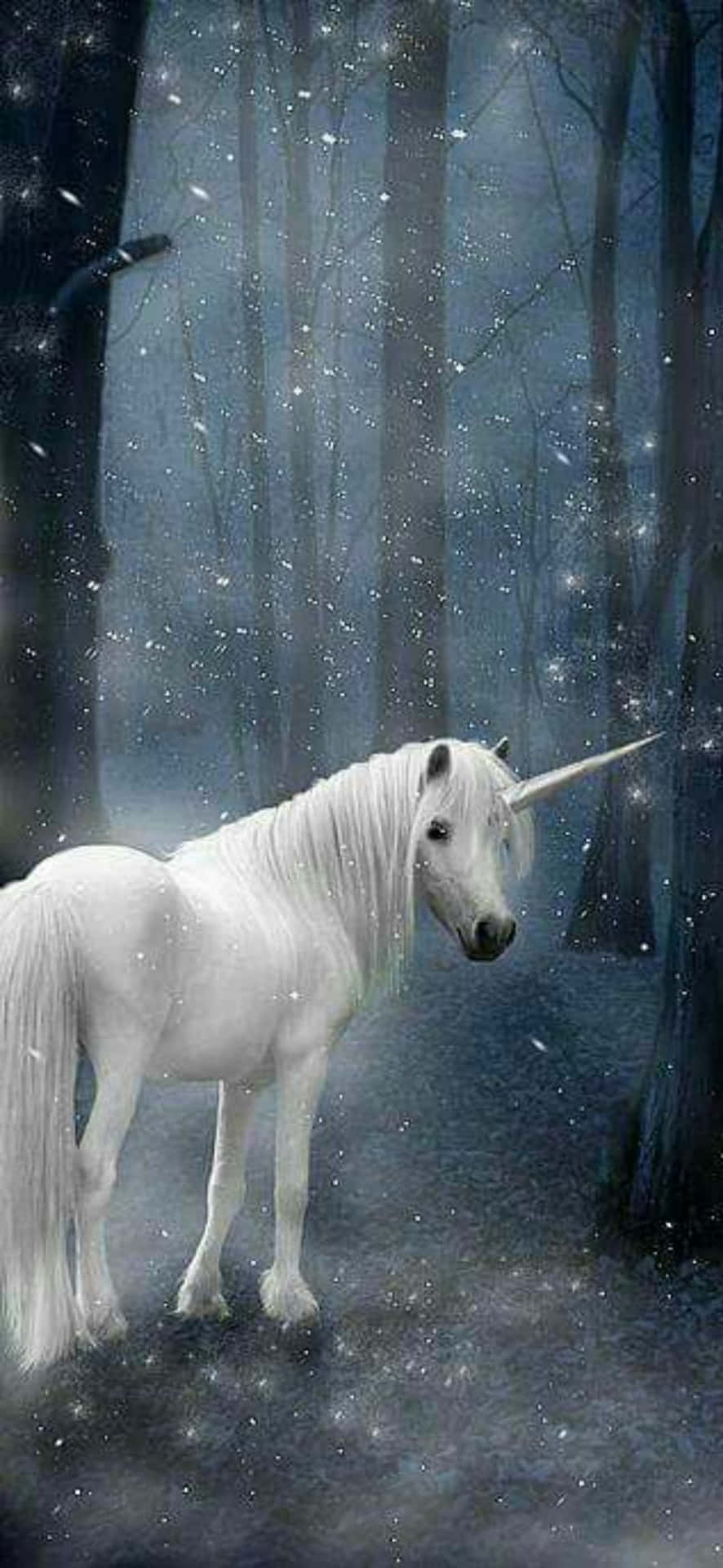 白色獨角獸在雪地森林夜晚，飄雪和星星