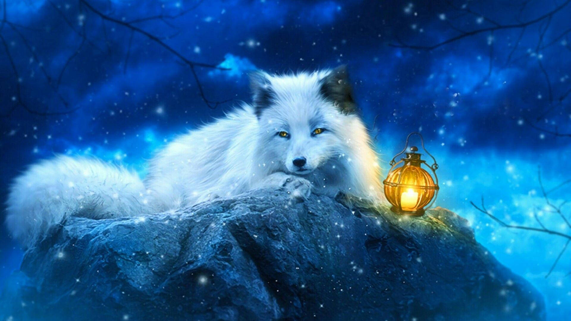 白狐數位藝術 壁紙 — 一隻雄偉的白狐在繁星點點的藍色夜空下，在積雪的岩石上休息，旁邊有一盞發光的燈籠。