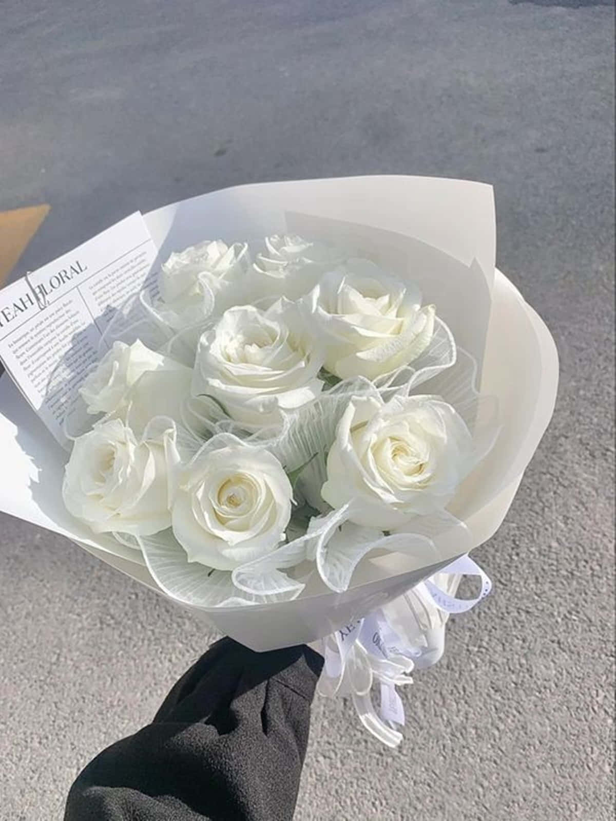 手在路面上拿著白玫瑰花束
