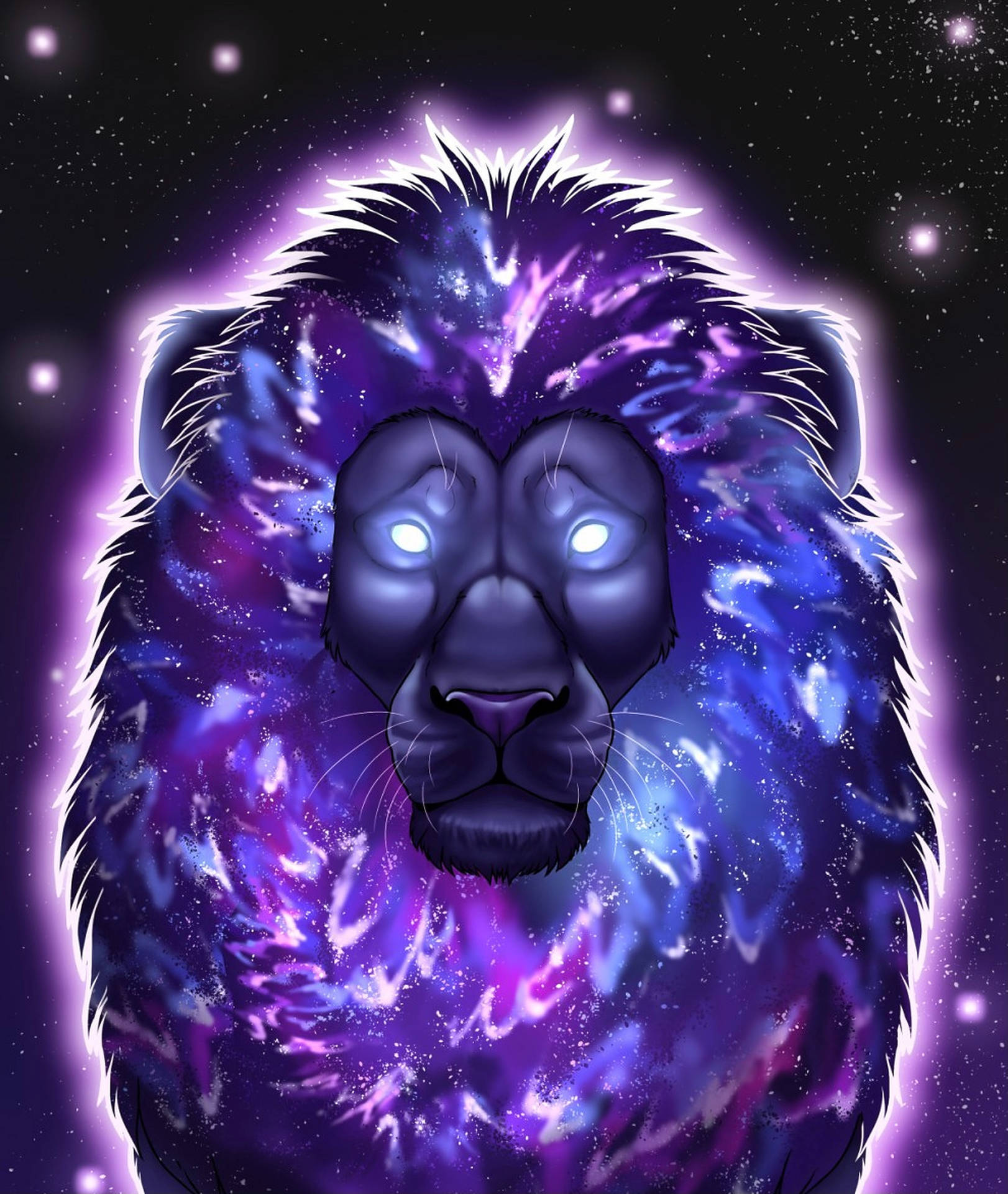 一頭獅子，鬃毛中有星系，背景是星光熠熠的夜空。