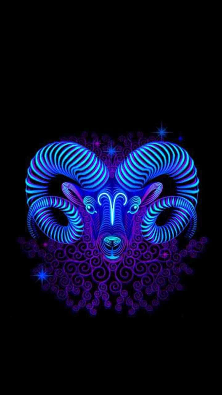 發光的霓虹藍色和紫色公羊頭，黑色背景上有星星。