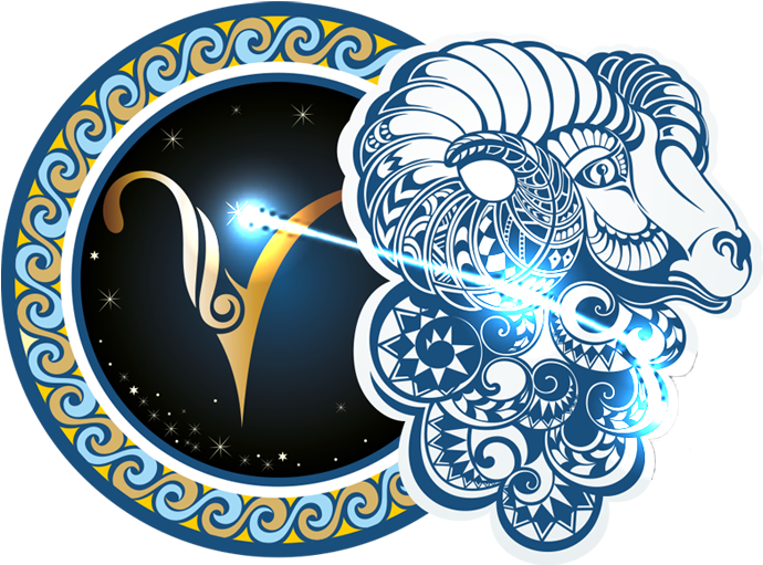 白羊座星座藝術圖 壁紙 — 一個風格化的公羊頭，帶有複雜的藍色圖案，在繁星點點的夜空背景下，在金色占星符號旁邊發光。