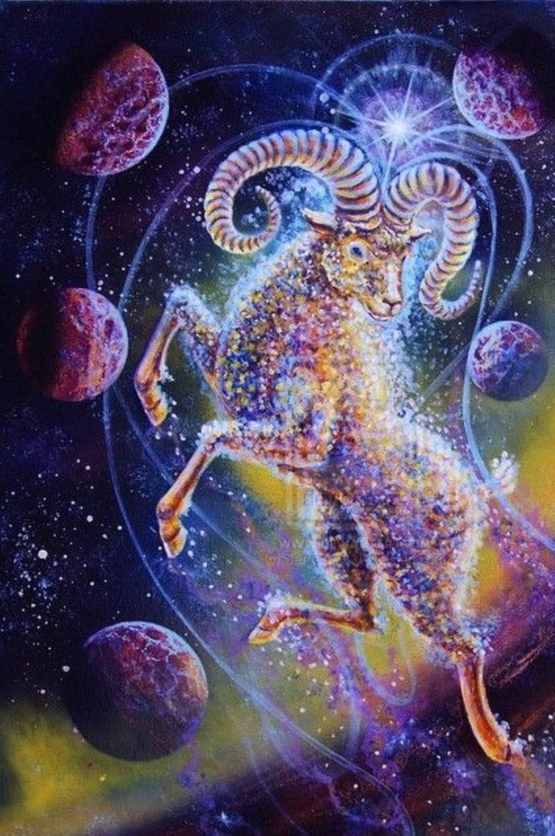 一隻發光的公羊跳過佈滿星星的宇宙場景，周圍有行星和璀璨光芒。