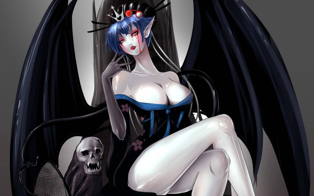 白膚魅魔與骷髏 壁紙 — 一個深色動漫女孩，藍色頭髮和黑色翅膀，在哥德式場景中誘惑地擺姿勢，旁邊有一個頭骨。