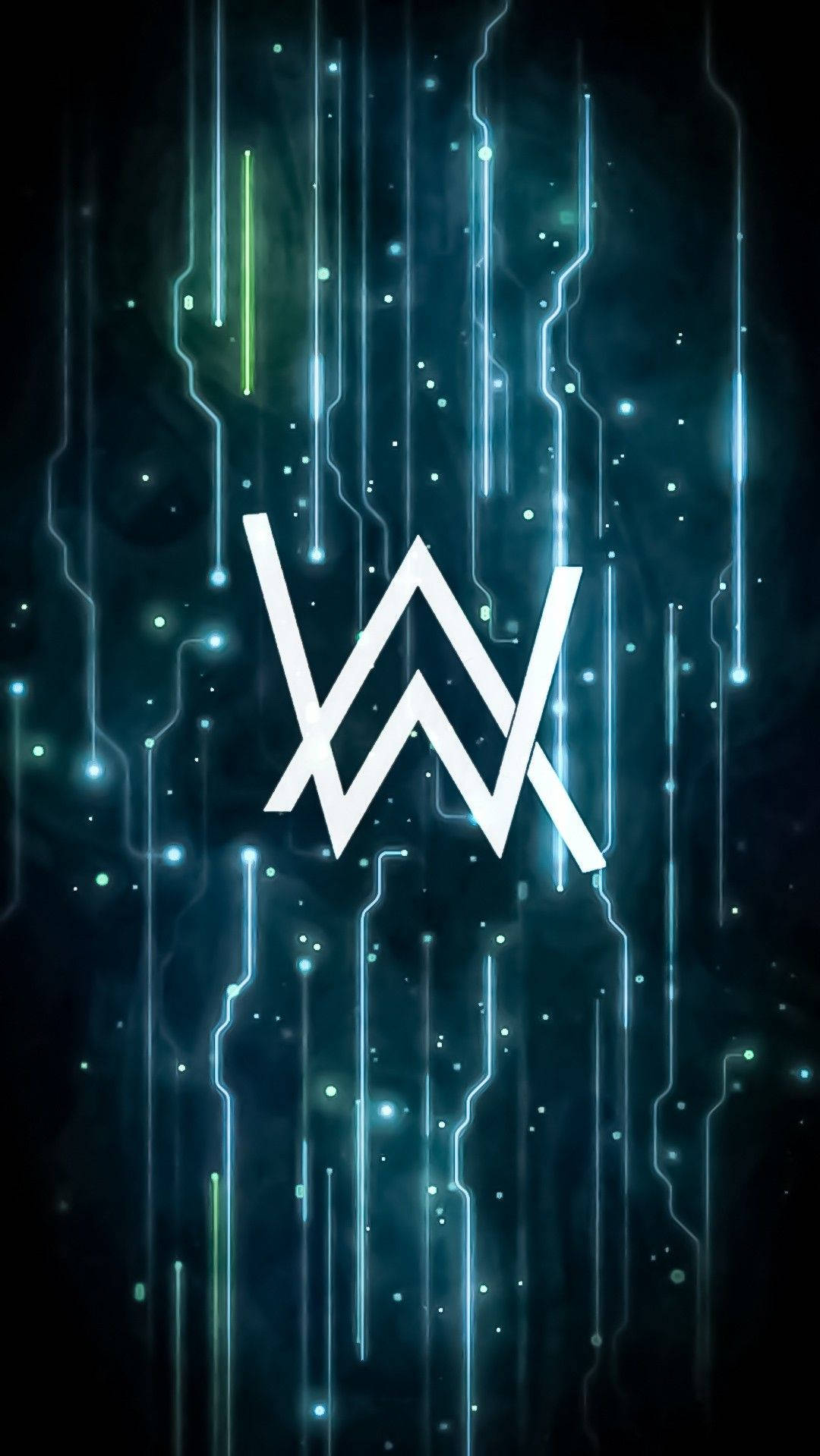 白色 Alan Walker 標誌與抽象背景 壁紙 — 一個發光的白色「W」標誌居中於深色背景上，帶有層疊的霓虹電路線條和發光點。