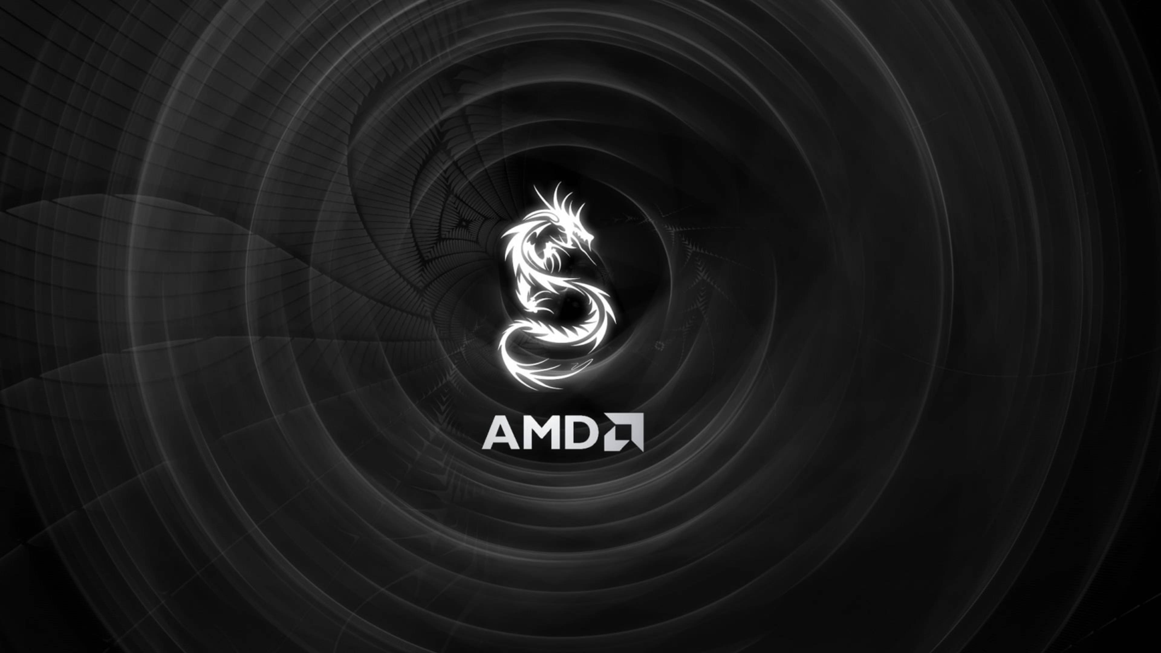 白色 AMD 4K 龍 壁紙 — 一個發光的白色龍標誌在黑暗隧道中央盤旋，周圍有同心圓環和網格線。