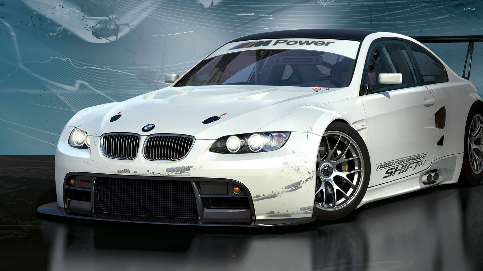 風格化賽道上的 Need for Speed Shift 白色寶馬賽車。