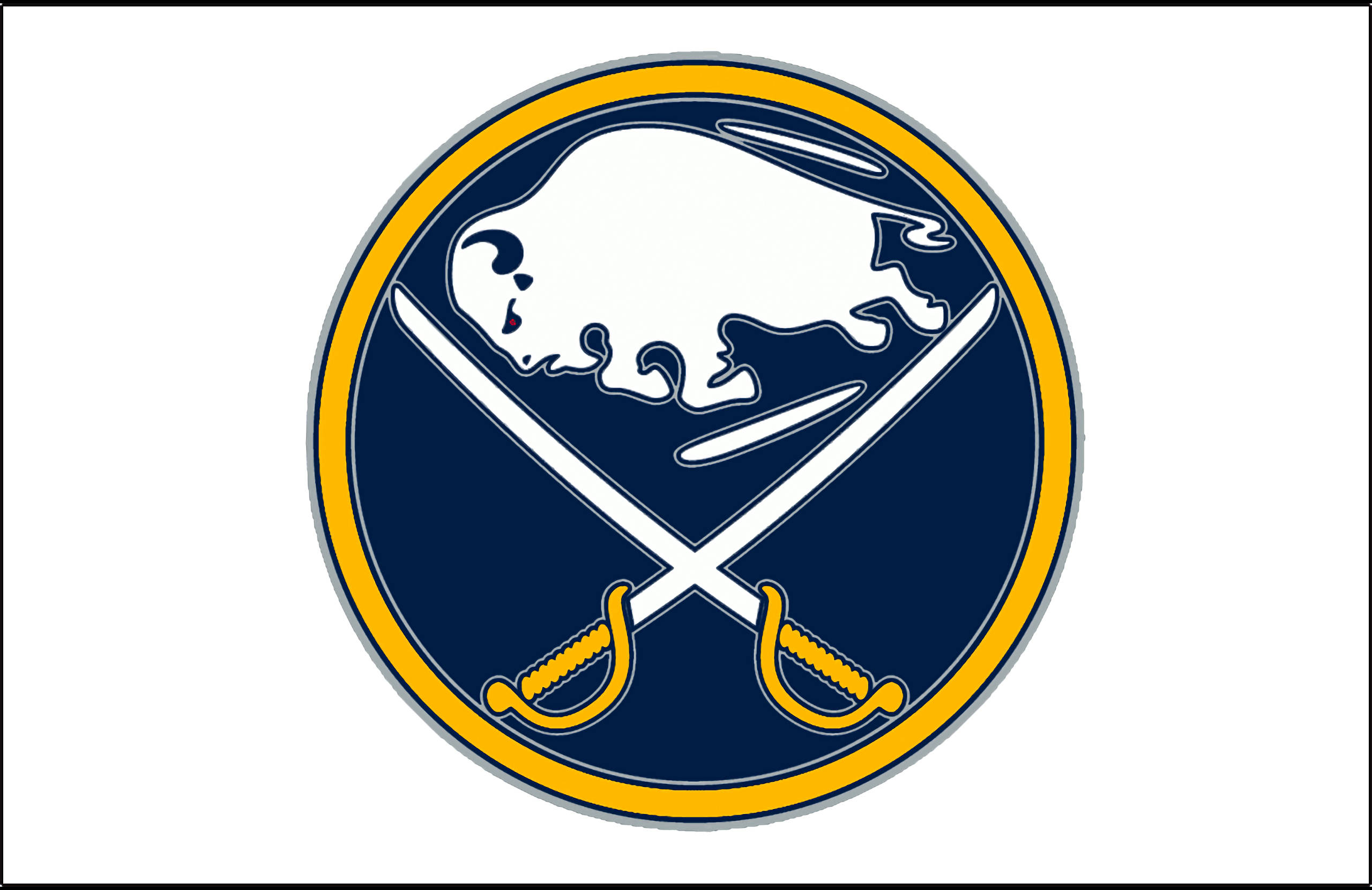 白色 Buffalo Sabres 壁紙 — 一個大膽的圓形標誌，在深藍色背景上，金色邊框內，有一隻白色水牛剪影位於交叉劍之上。