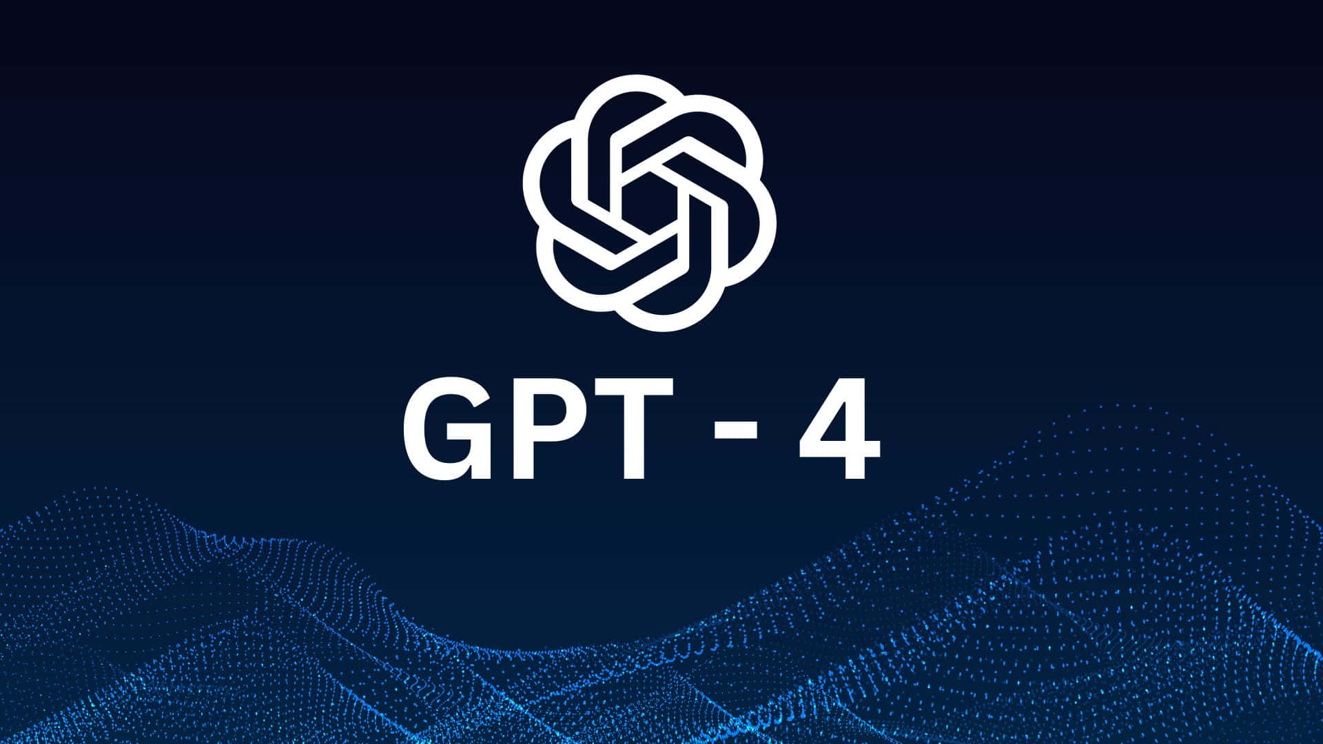 Gpt-4 桌布 壁紙 — 白色 GPT-4 標誌和文字漂浮在深色漸變背景上發光的藍色粒子波之上。