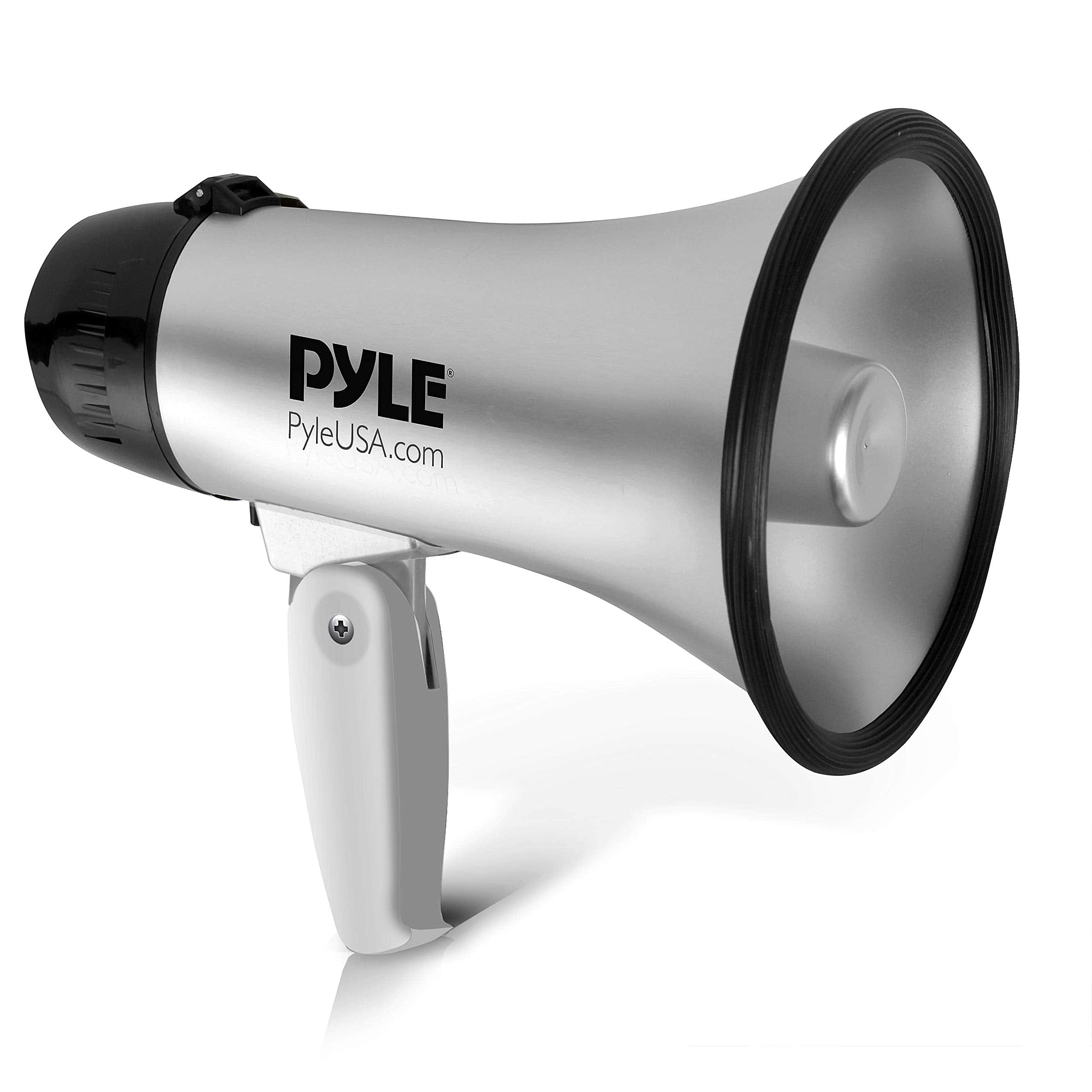白色 Pyle 擴音器圖片 壁紙 — 一個時尚的銀黑色Pyle擴音器，帶白色手柄，孤立在潔白的背景上。