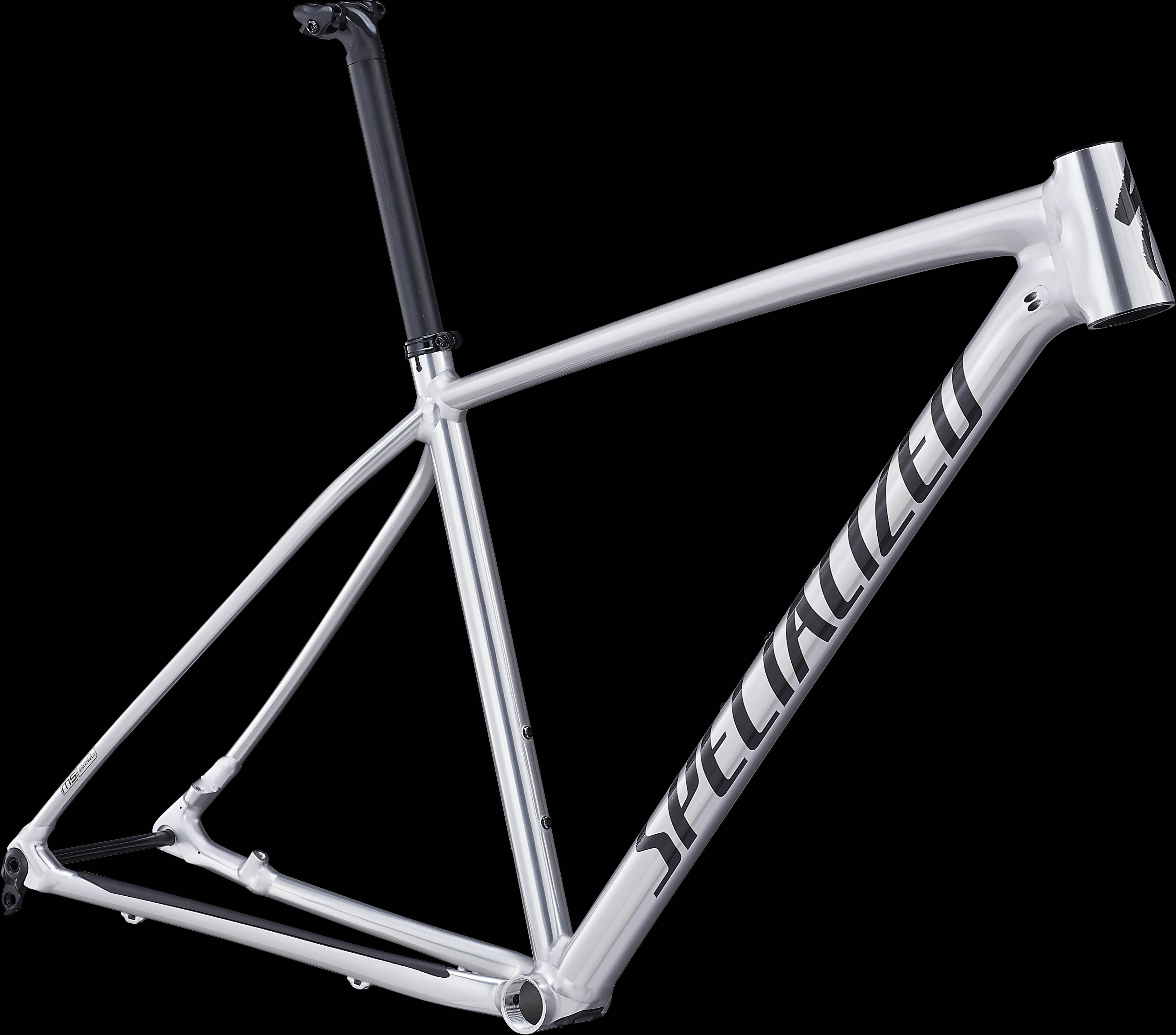 白色 Specialized 自行車車架 壁紙 — 一個時尚的銀色Specialized單車車架，孤立在黑色背景上，線條簡潔，設計現代。