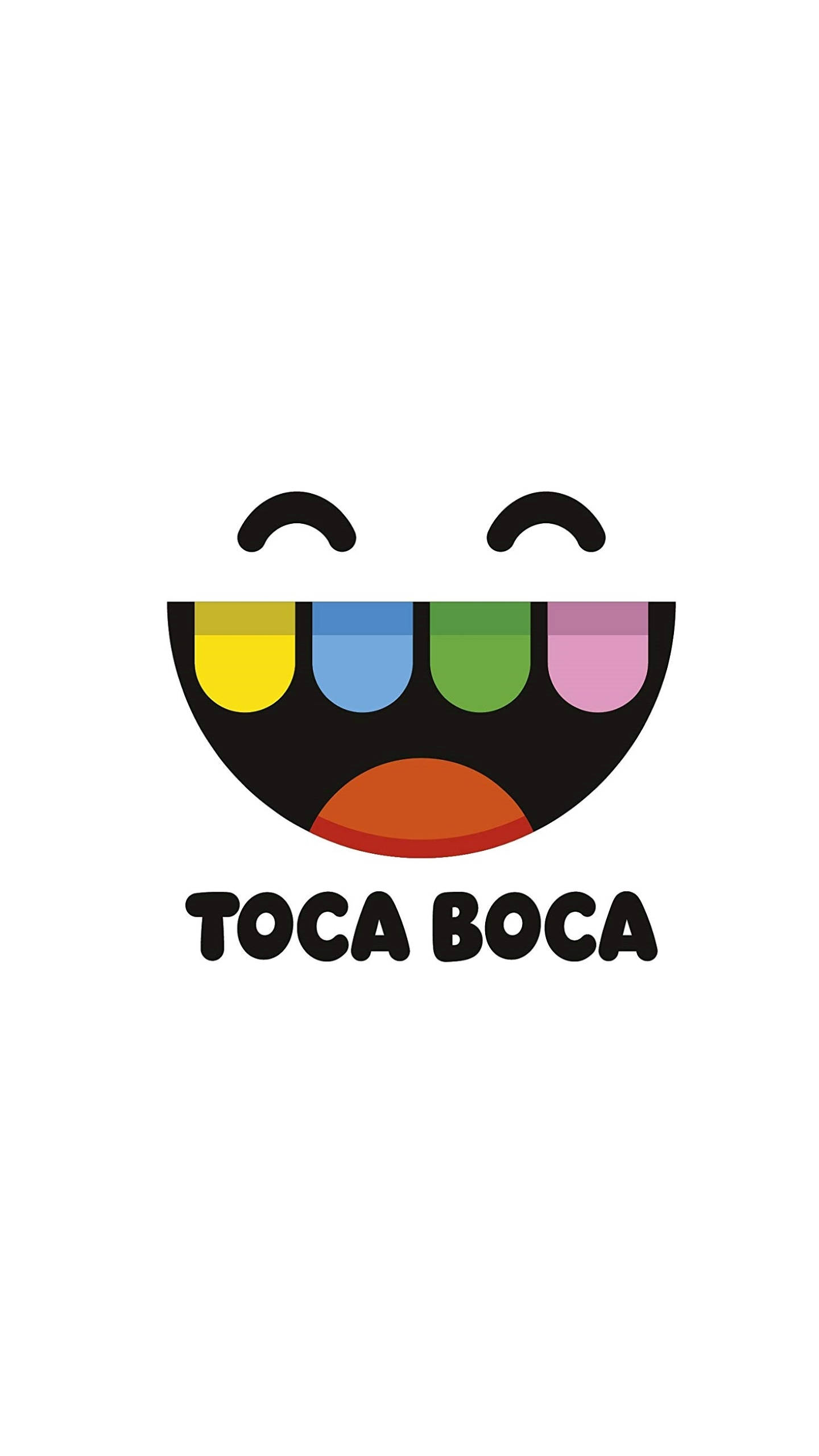 白色 Toca Boca 標誌 壁紙 — 一個快樂的卡通臉孔，帶有彩虹色的牙齒和微笑的眼睛，背景為白色。