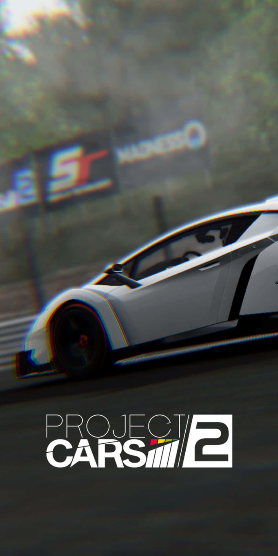 白色賽車在潮濕賽道上疾馳，帶有Project CARS 2標誌。