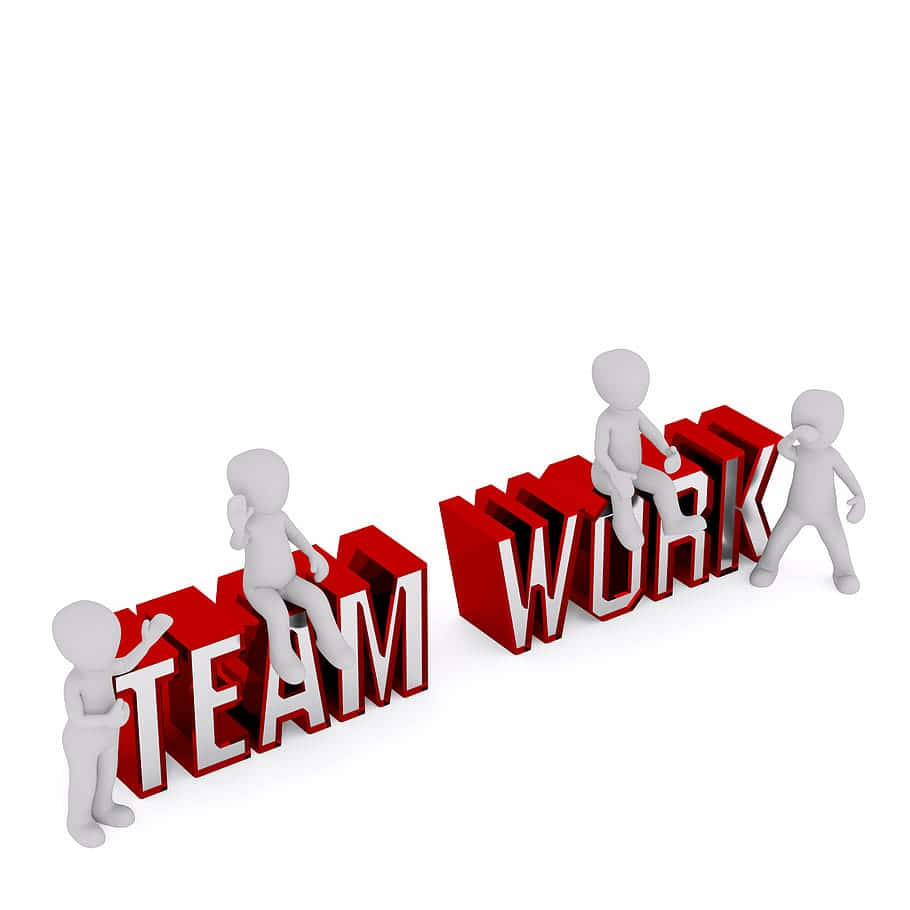 團隊合作 桌布 壁紙 — 白色3D人物與粗體紅色3D字母互動，拼出team work，背景為純淨白色。