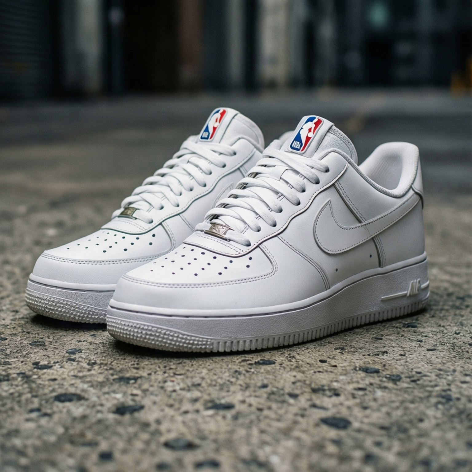 白色AF1 NBA細節 壁紙 — 一對帶有NBA標誌標籤的純白Nike Air Force 1運動鞋，放置在紋理混凝土路面上。