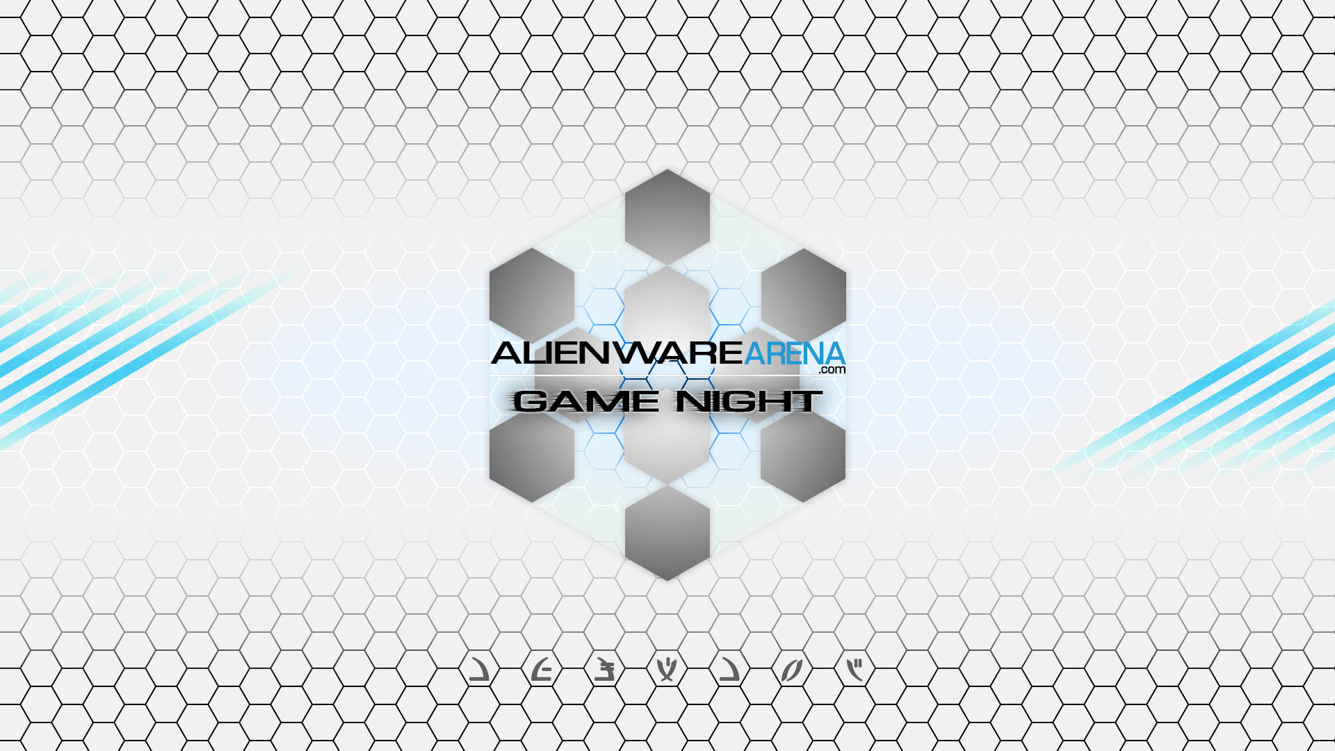 Alienware Arena Game Night 標誌位於六邊形網格上，帶有藍色動態線條。