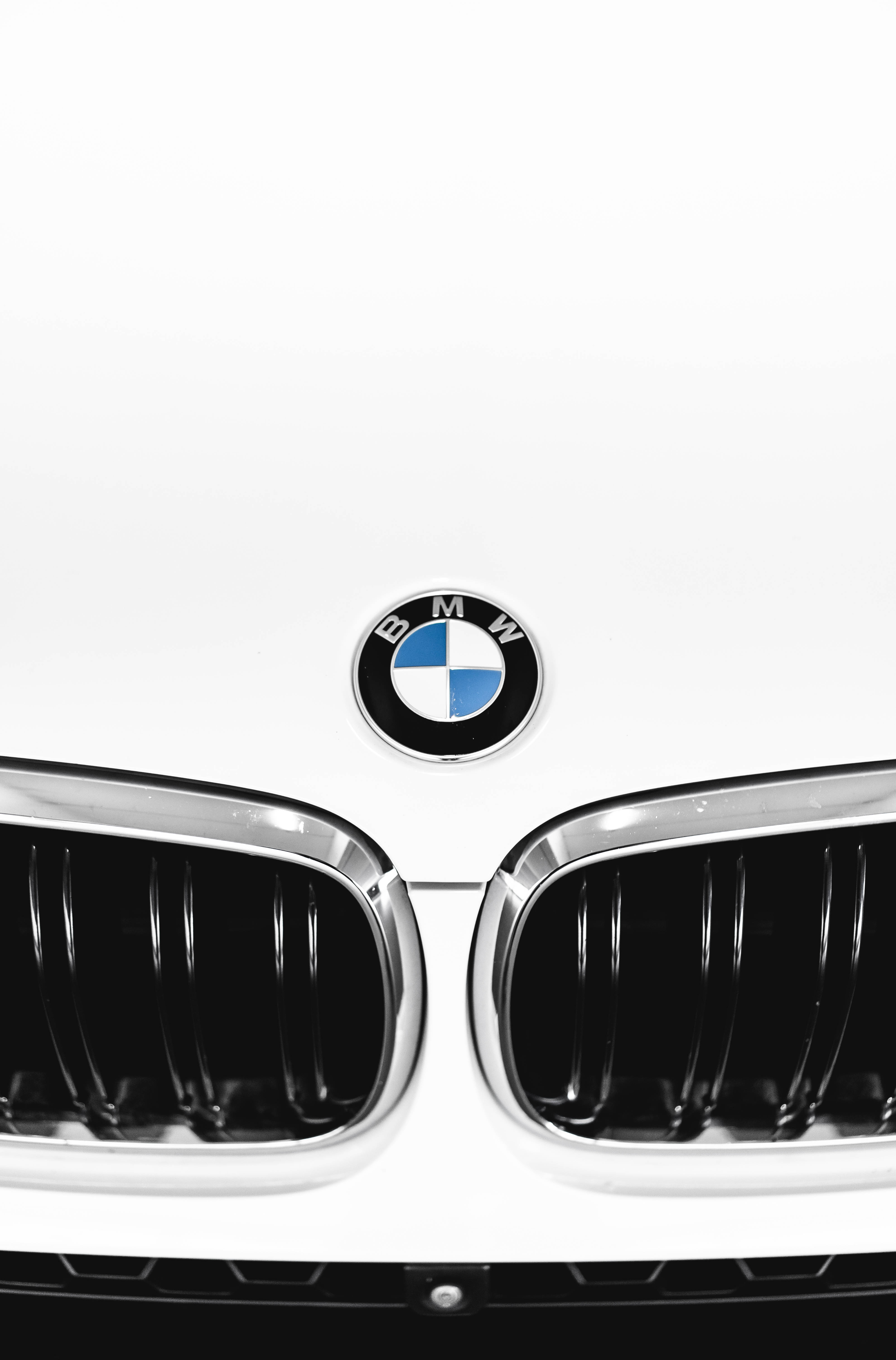 白色BMW M車標與進氣格柵特寫 壁紙 — 白色寶馬汽車前格柵和標誌性圓形標誌的特寫，背景簡潔極簡。