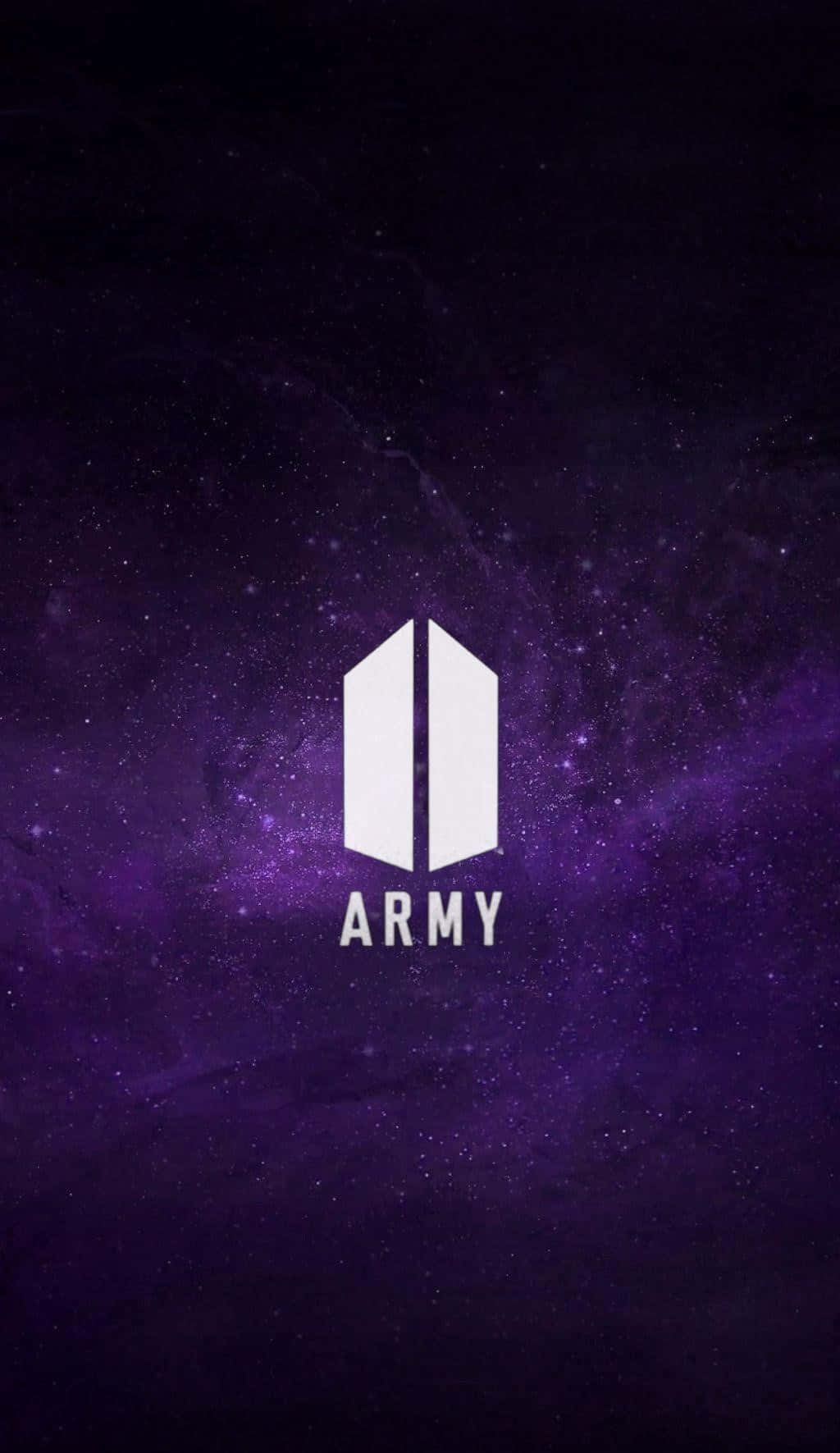 Bts Fanart 桌布 壁紙 — 白色BTS ARMY標誌居中於充滿活力的紫色宇宙背景上，帶有閃爍的星星。