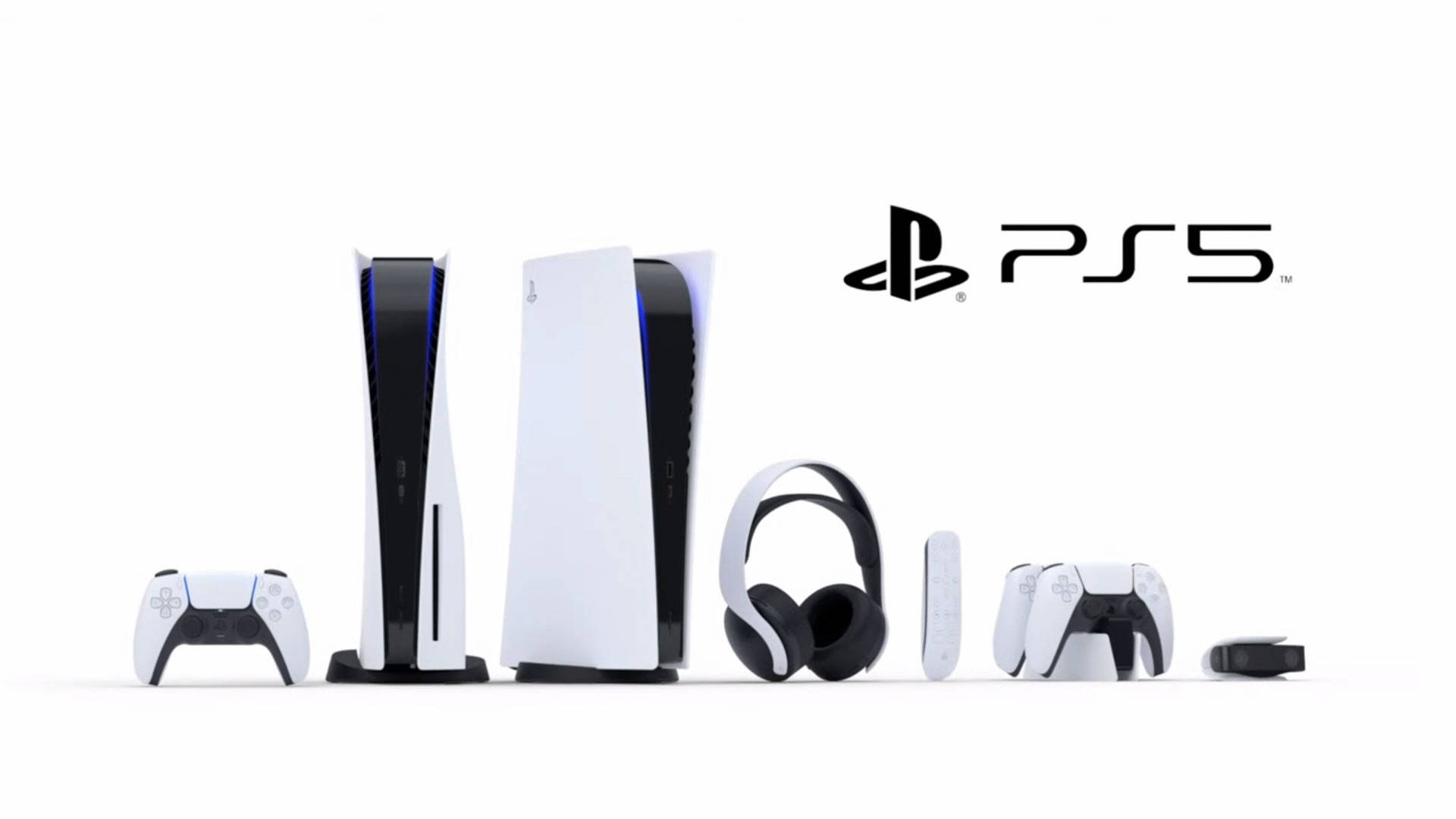 白色PS5全系列套裝 壁紙 — PlayStation 5 主機及配件（包括控制器、耳機及DualSense控制器）的乾淨白色攝影棚照片。