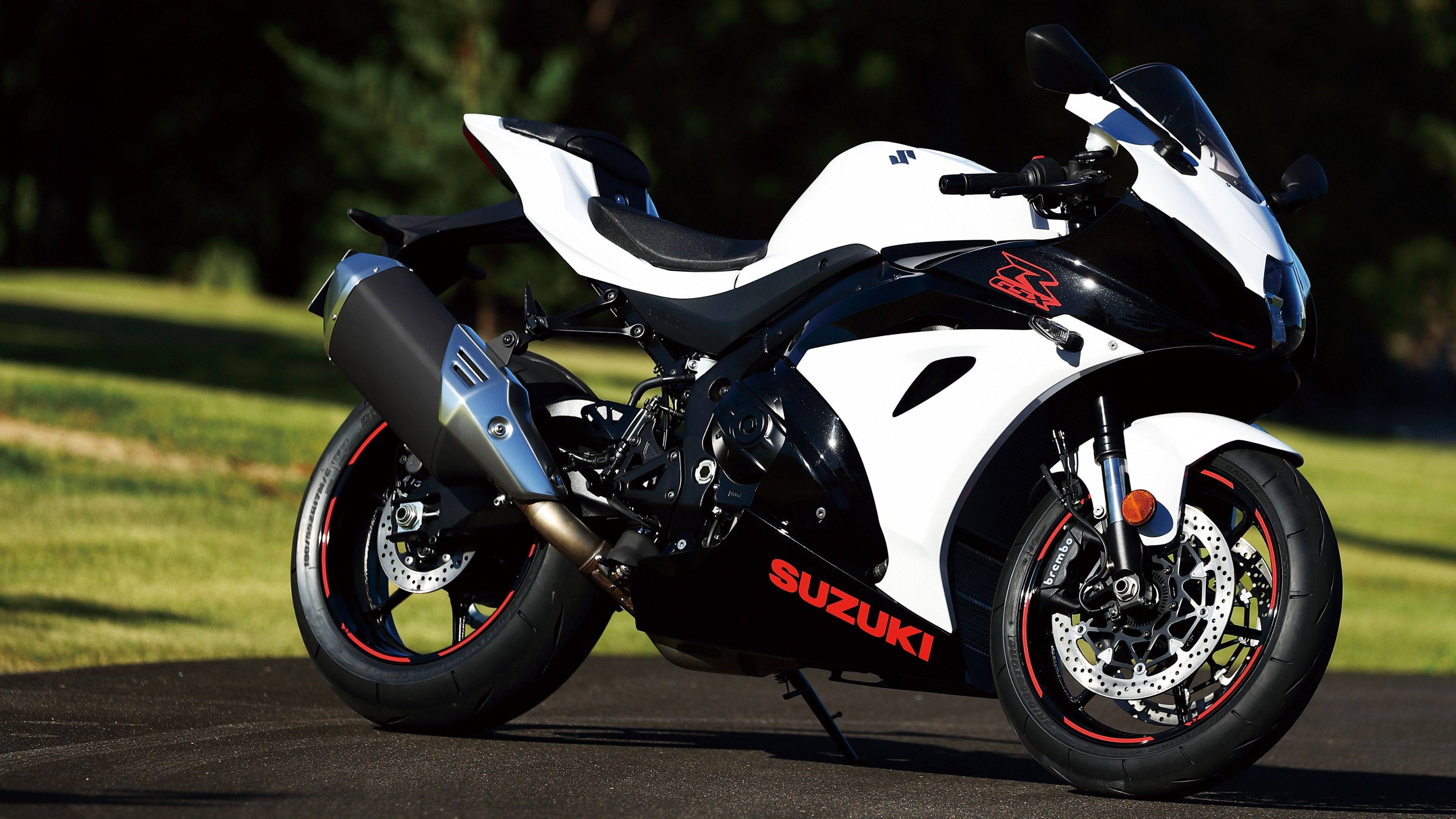 白色Suzuki 4K摩托車 壁紙 — 一輛時尚的白色和黑色鈴木運動摩托車，帶有紅色點綴，停在陽光下綠色草地旁的人行道上。