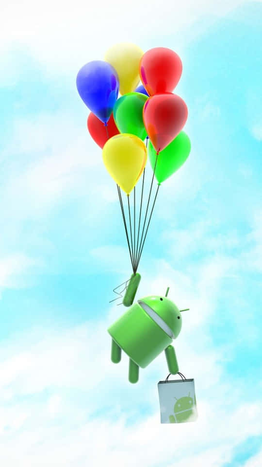 白色人影靜坐於鮮豔背景前 壁紙 — 一個綠色Android吉祥物被一簇彩色氣球牽引著，在柔和的藍色雲朵背景下飄向天空。