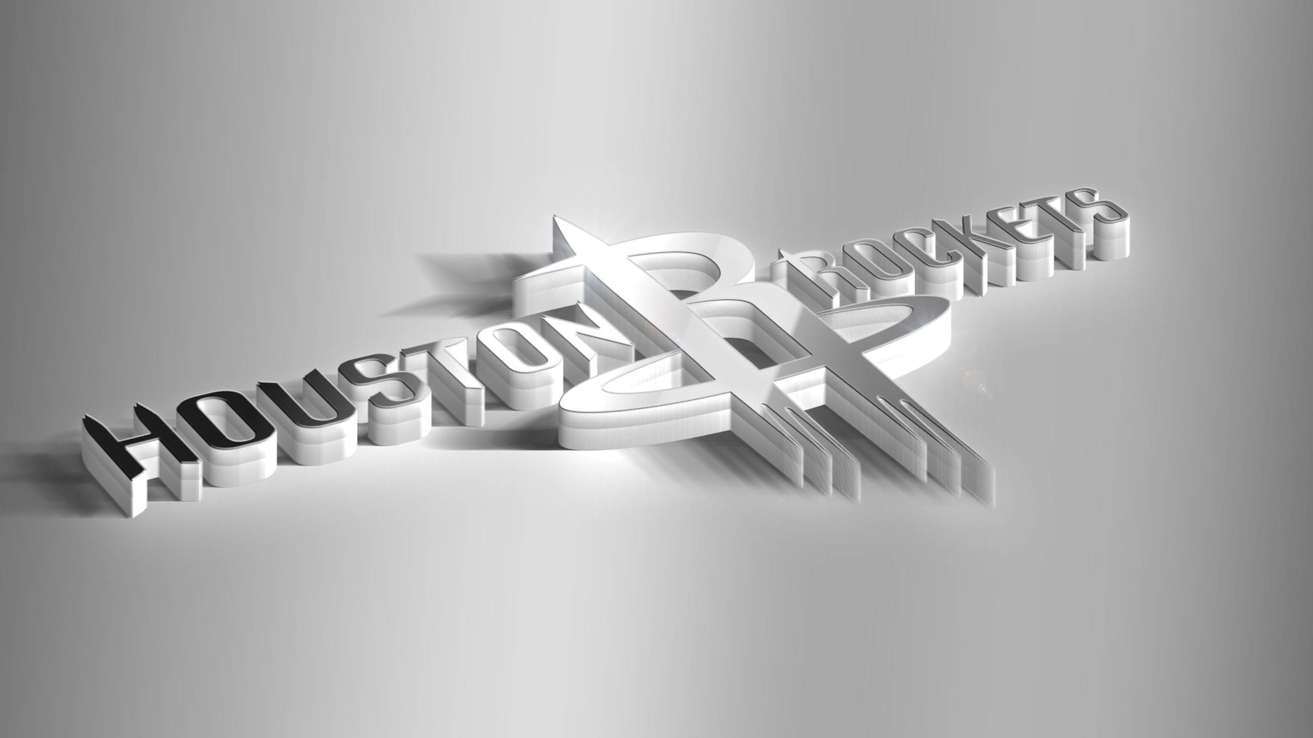 白色休斯頓火箭隊 壁紙 — 一個時尚的3D渲染侯斯頓火箭隊標誌，採用金屬銀和黑色字體，在漸變灰色背景上投射出柔和陰影。