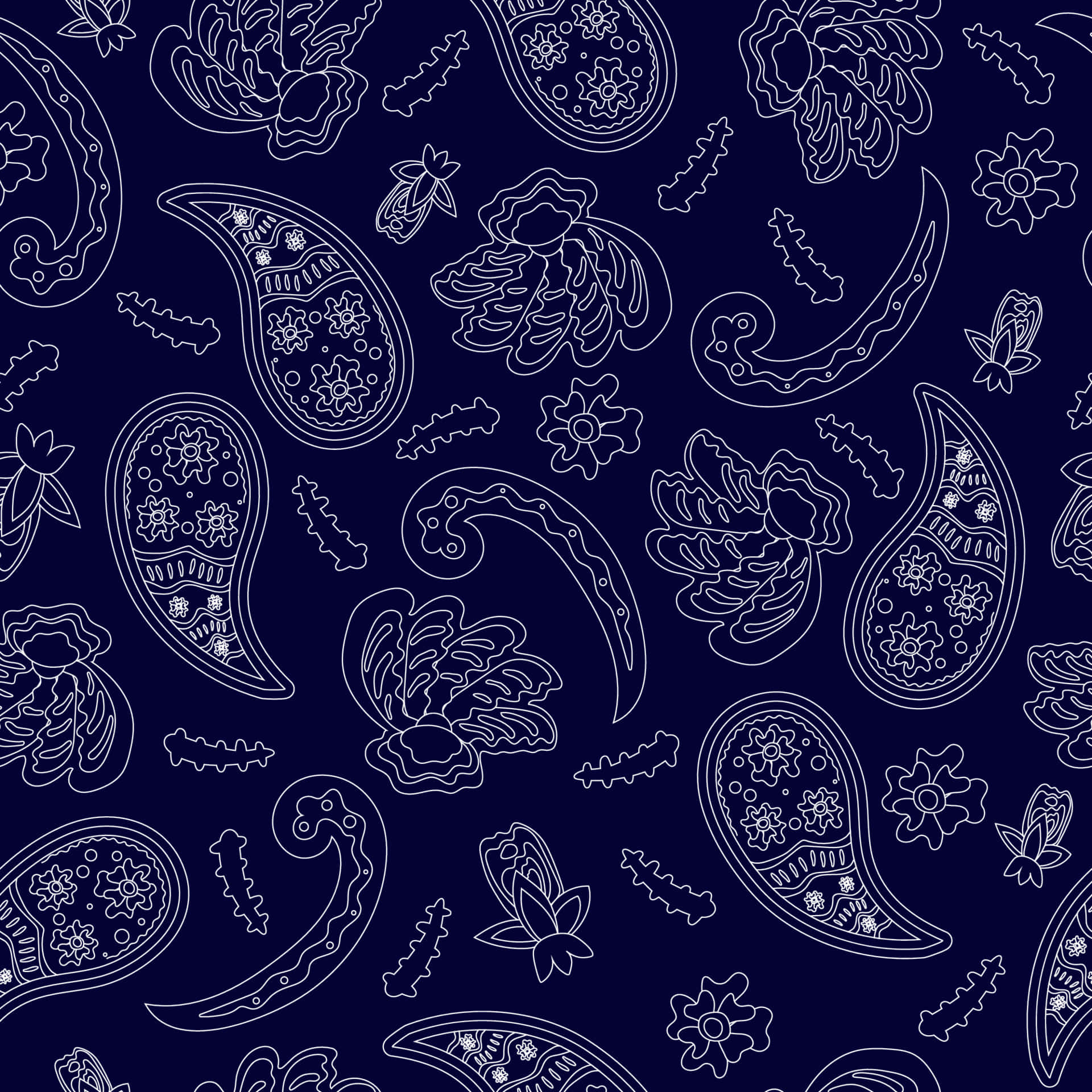 bandana 桌布 壁紙 — 白色佩斯利和花卉輪廓在深海軍藍背景上形成複雜圖案。