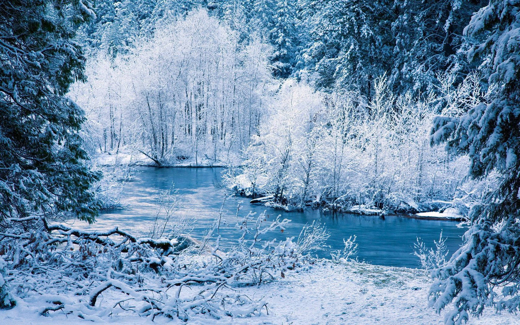 白雪覆蓋的森林，一條平靜的藍色河流蜿蜒穿過。