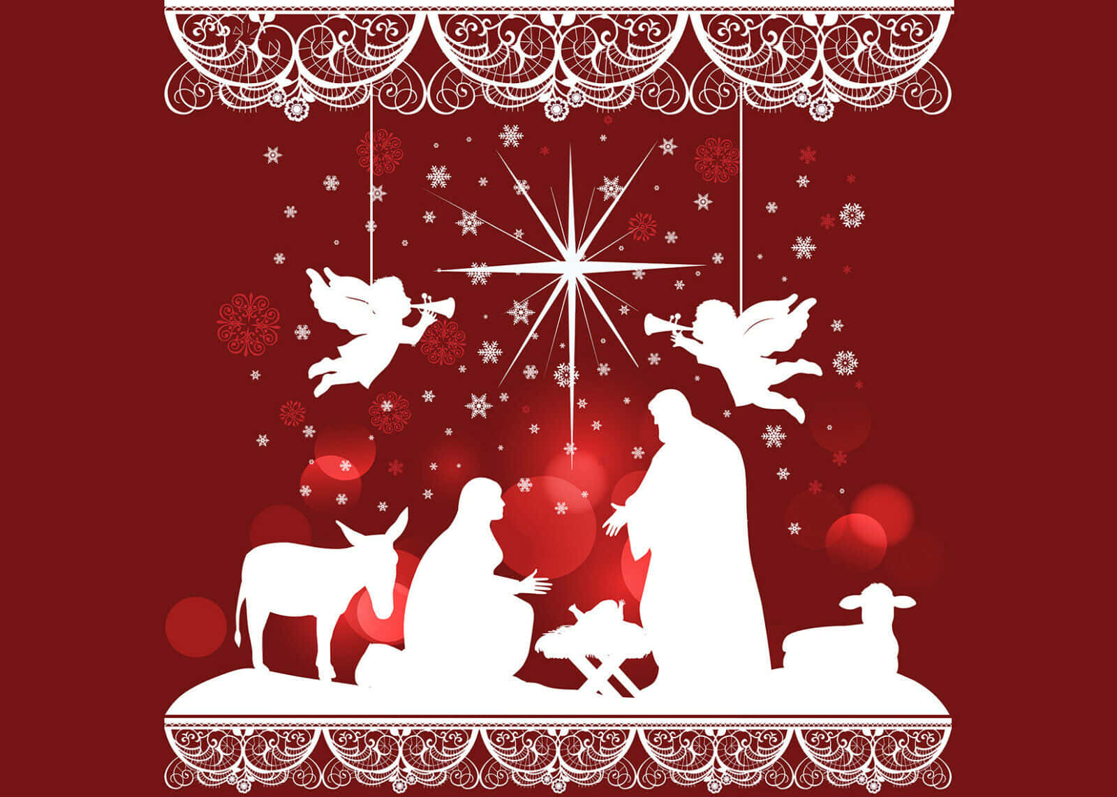 Nativity Scene 桌布 壁紙 — 白色剪影的耶穌誕生場景，天使在星星上方吹奏小號，背景為深紅色並帶有蕾絲邊框。