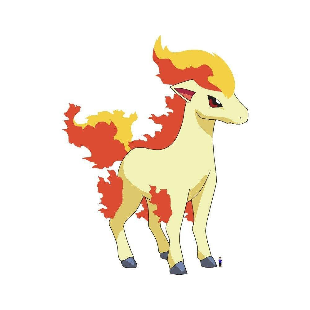 白色卡通小馬寶可夢Ponyta 壁紙 — 一隻卡通小馬，擁有火紅和黃色的鬃毛、尾巴和蹄子，站在純白色背景前。