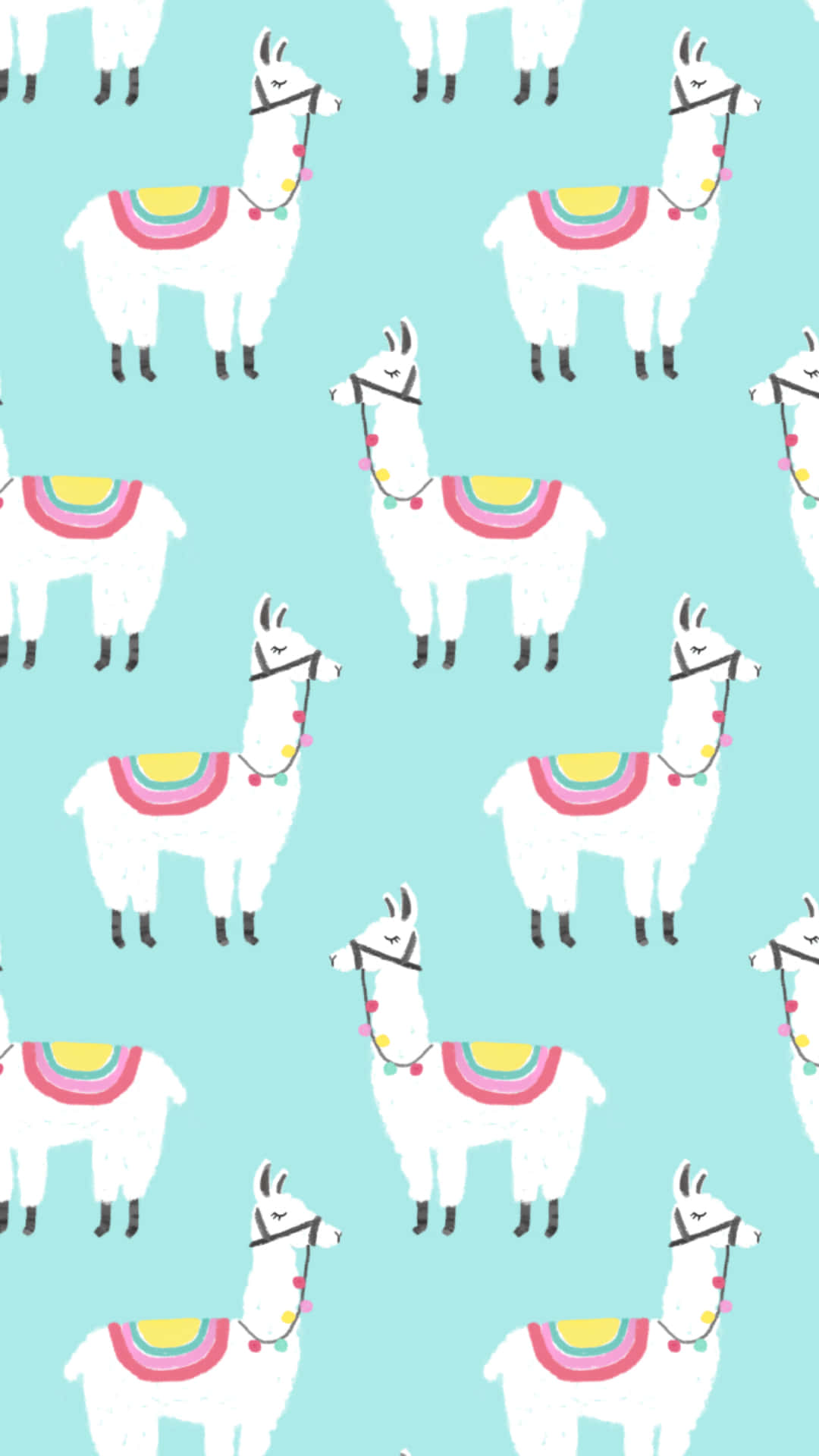 Kawaii Llama 桌布 壁紙 — 白色卡通羊駝配上色彩繽紛的彩虹鞍和珠鏈，在柔和的青綠色背景上重複出現。