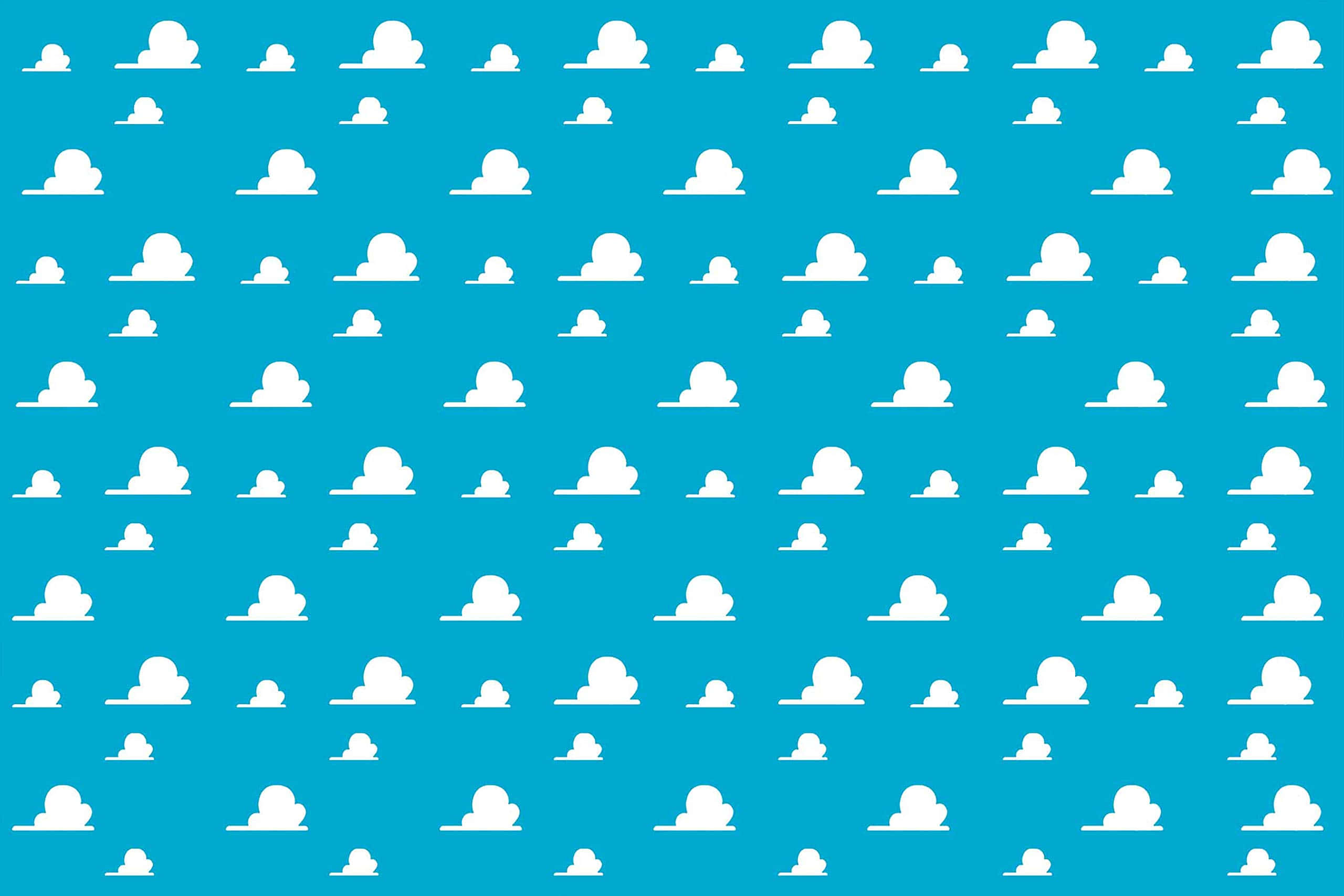 Toy Story Cloud 桌布 壁紙 — 白色卡通雲朵的重複圖案漂浮在純青綠色的天空背景上。