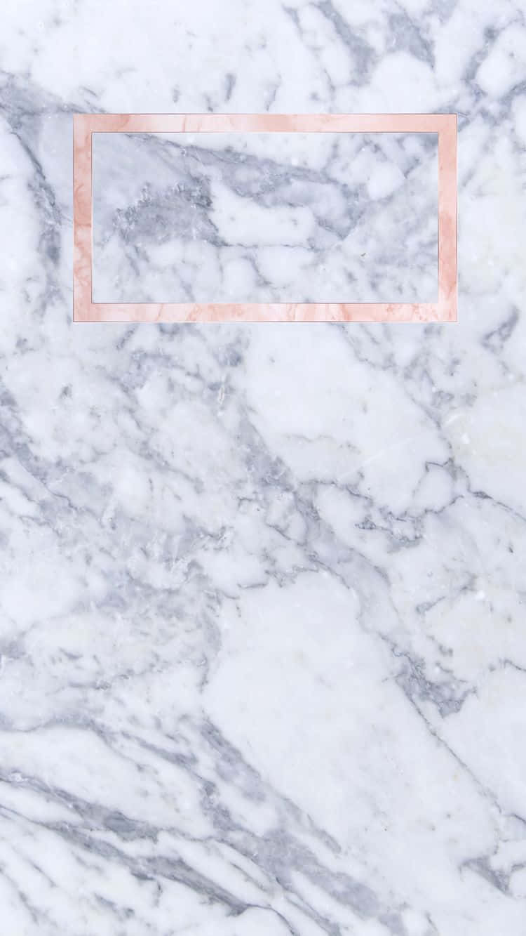 Marble Phone 桌布 壁紙 — 白色和灰色大理石表面中央有一個玫瑰金色長方形框架，營造優雅設計。