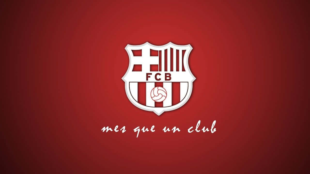 巴塞隆拿 桌布 壁紙 — 白色嘅FC Barcelona徽章，有紅色同藍色間條，中間有個足球，背景係深紅色漸變，下面有格言 mes que un club。