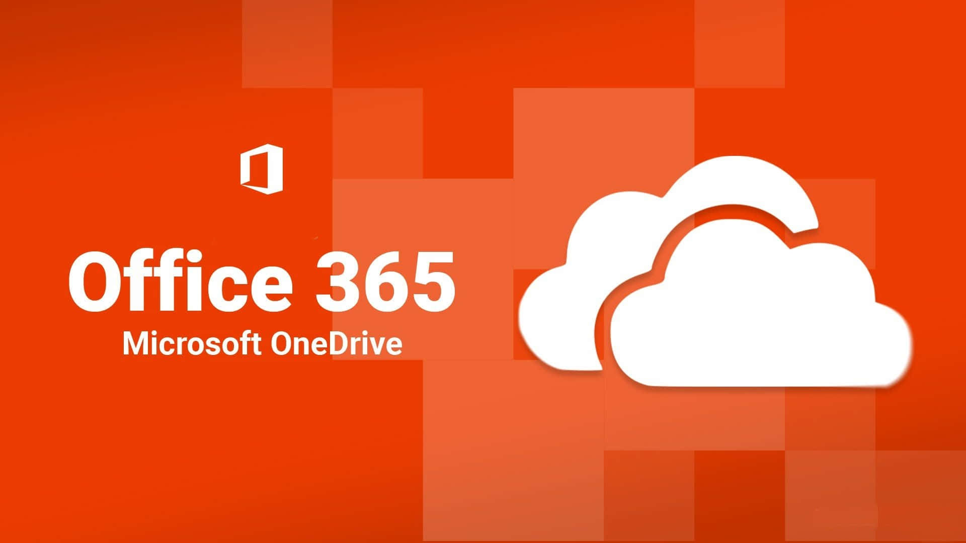 Office 365 桌布 壁紙 — 白色嘅Office 365同OneDrive標誌漂浮喺充滿活力嘅橙色像素背景上。