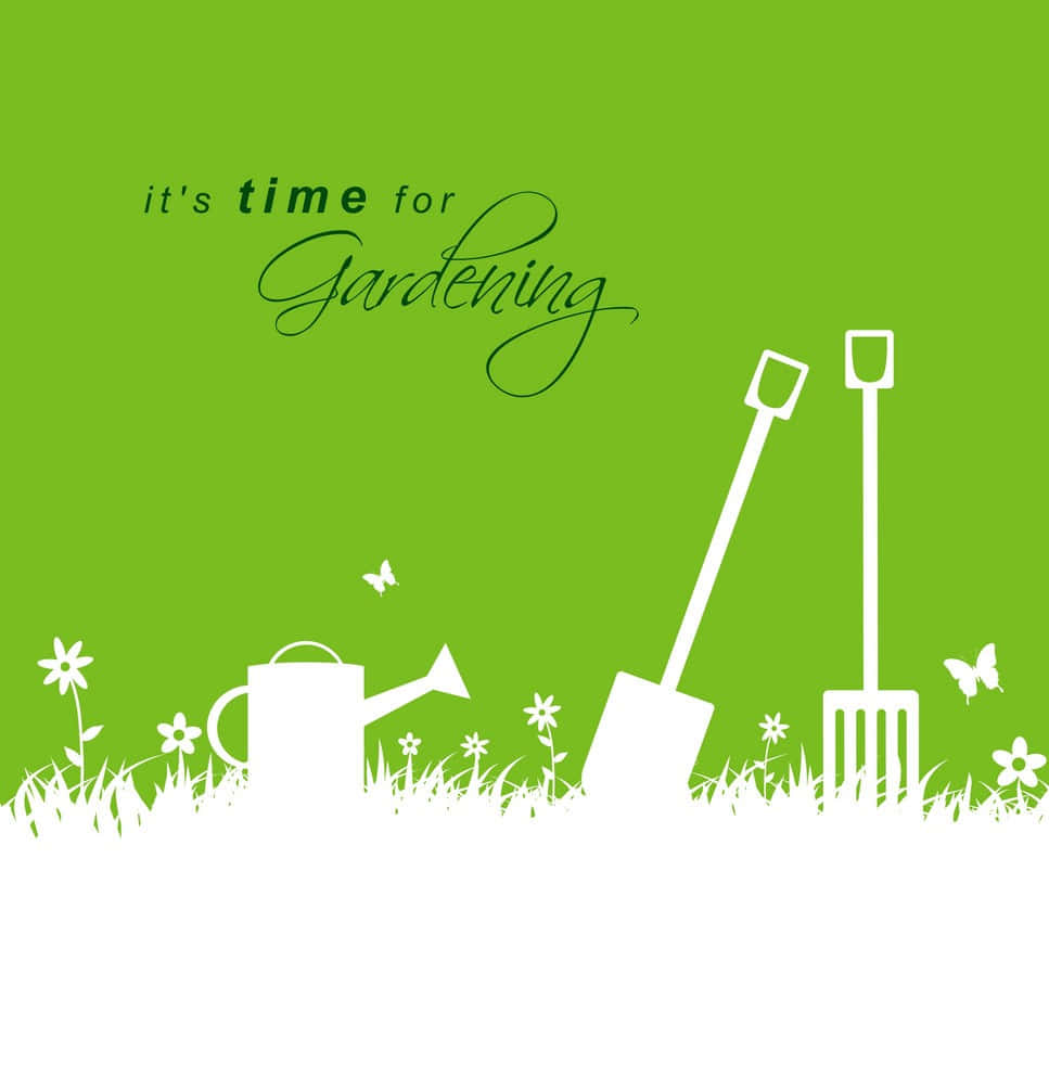 Gardening 桌布 壁紙 — 白色園藝工具、花朵和蝴蝶剪影，在明亮的綠色背景上，帶有文字「是時候園藝了」。
